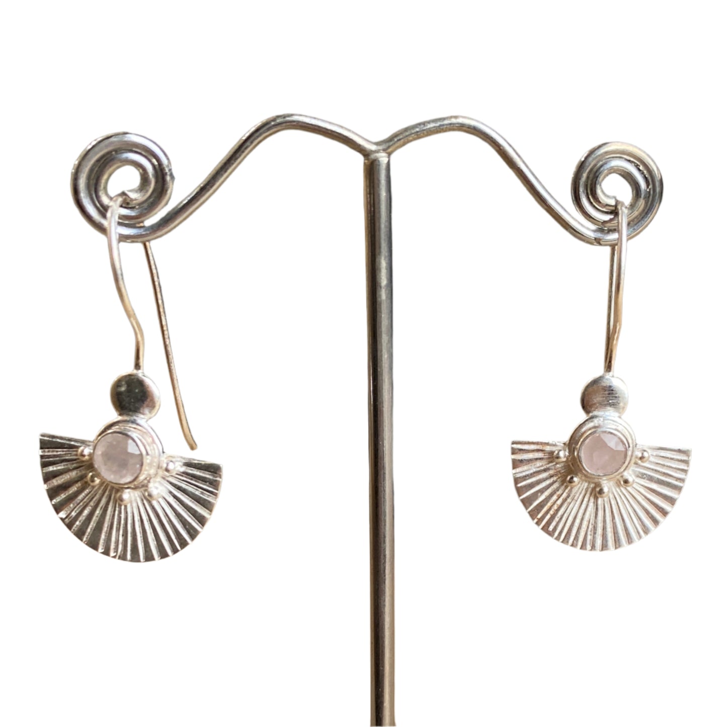Silver rose quartz fan earrings