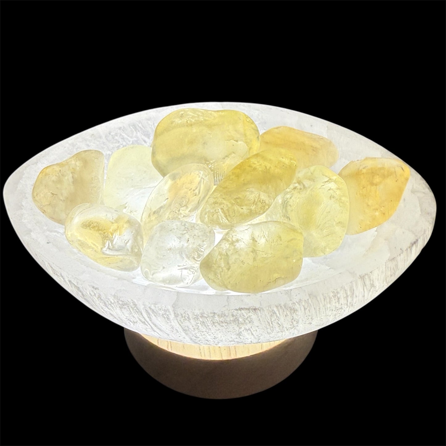 Selenite oval bowl lamp with tumbled tumbled citrine