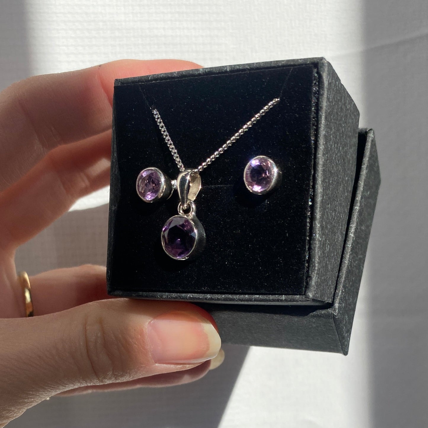 Amethyst set, studs and pendant