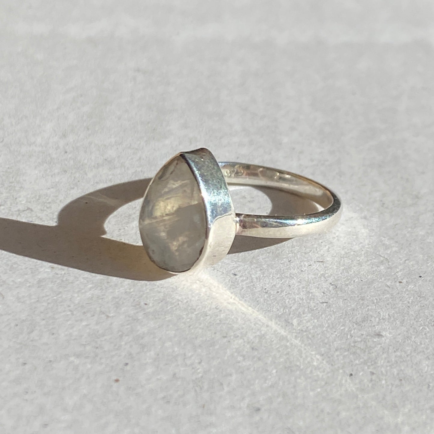 Moonstone tear drop sterling silver ring 6x 8mm