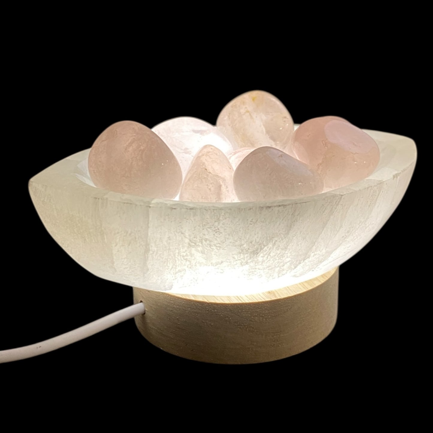 Selenite oval bowl lamp with tumbled rose quartz