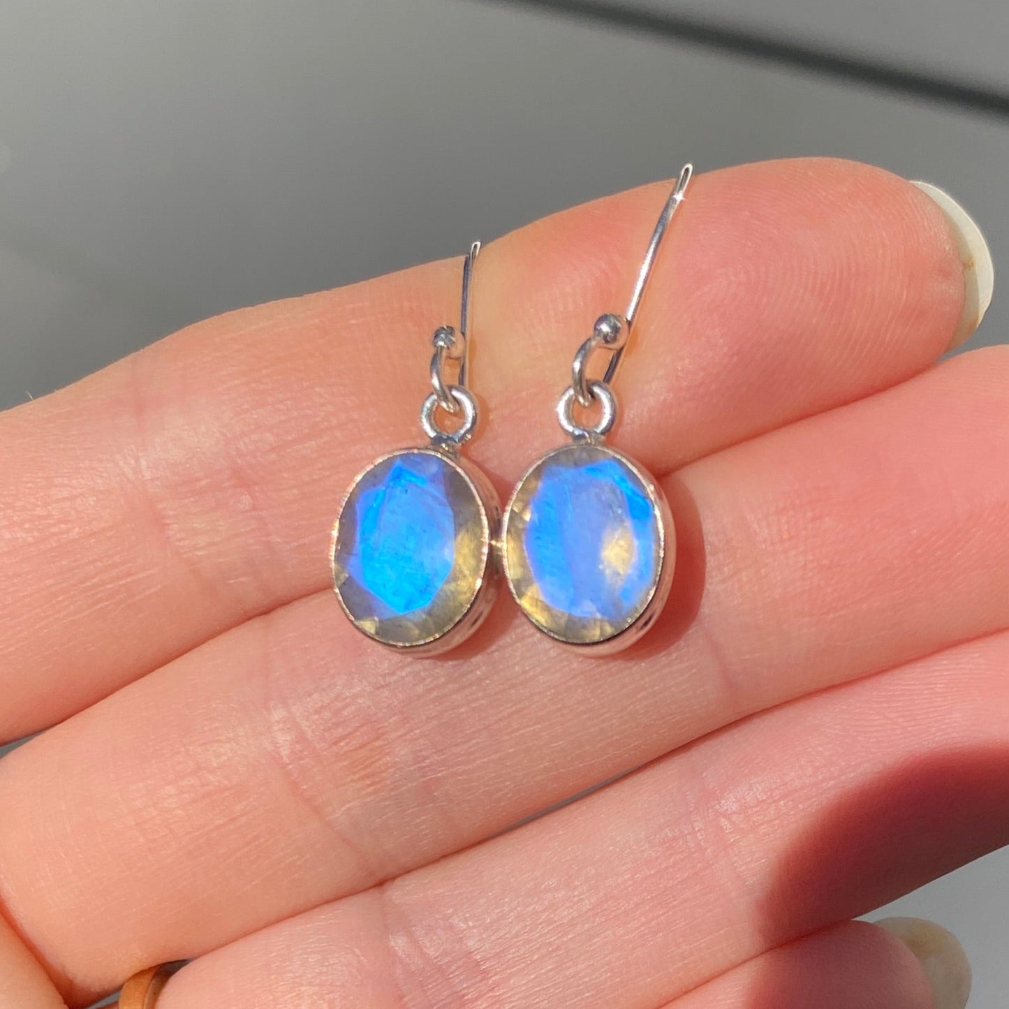 Labradorite sterling silver double bezel faceted earring blue fire