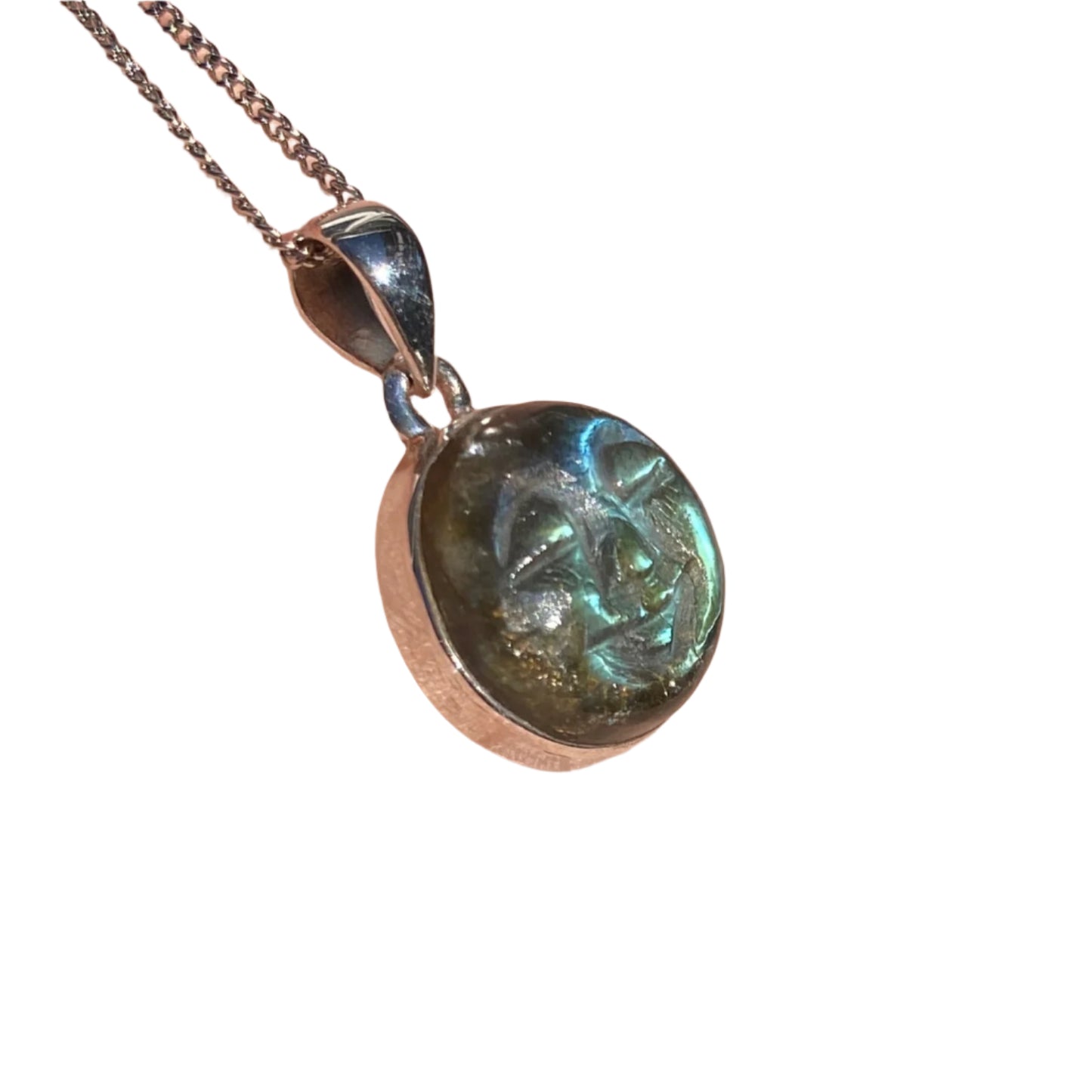 Carved goddess face blur fire labradorite 15mm round Sterling silver