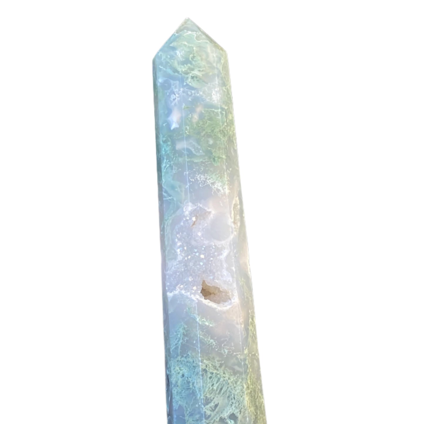Moss Agate tower with druzy inclusions 13.5cm