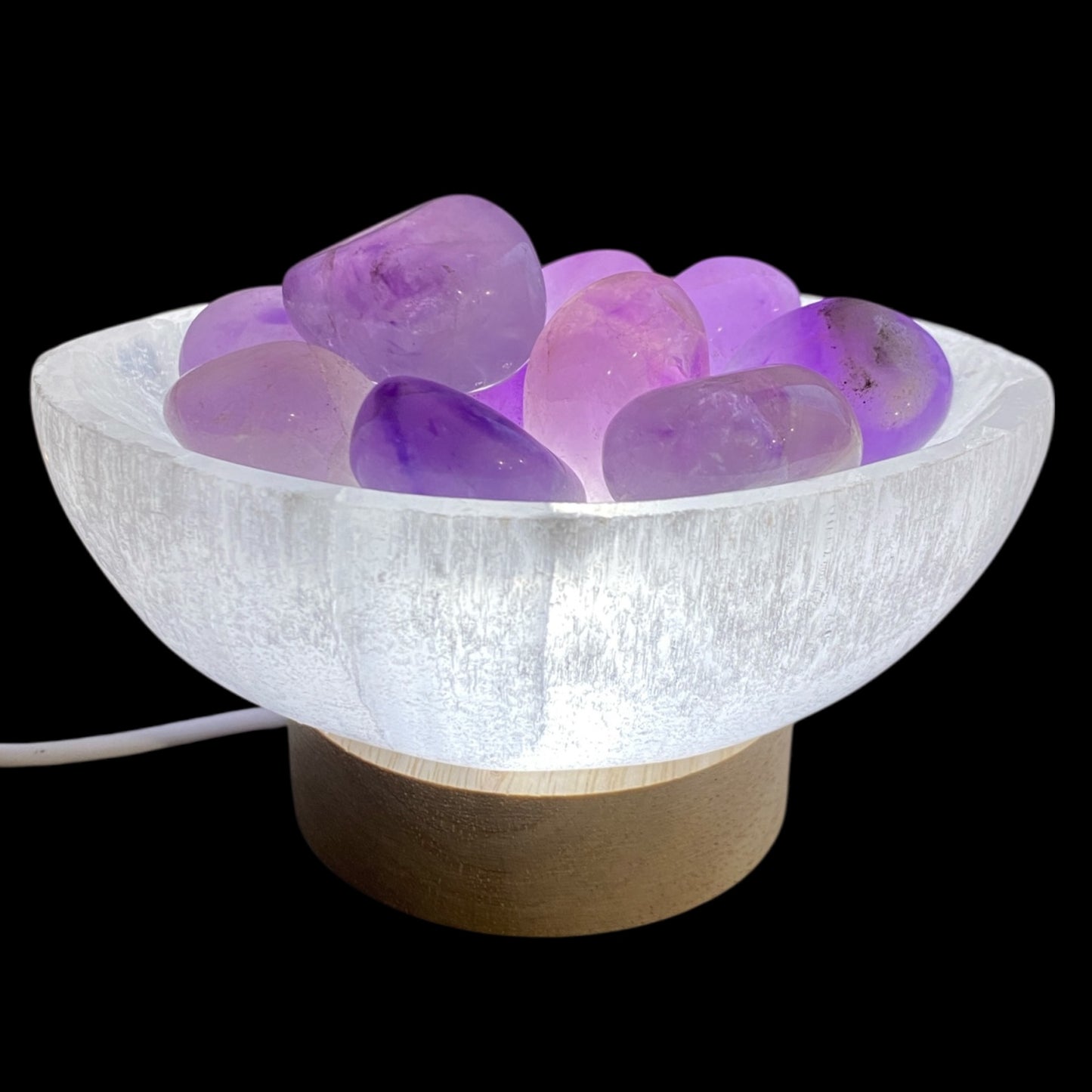 Selenite oval bowl lamp with amethyst