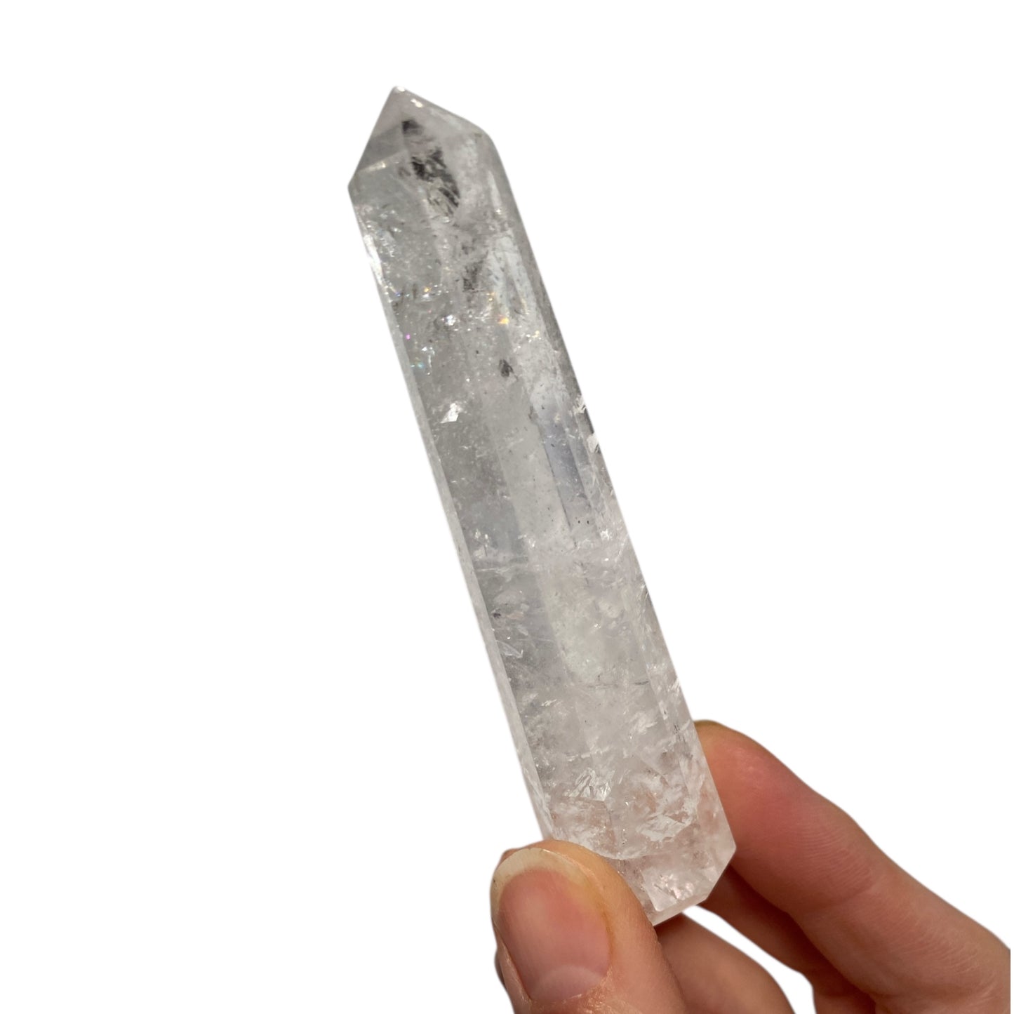 Clear Quartz obelisk with rainbow inclusions