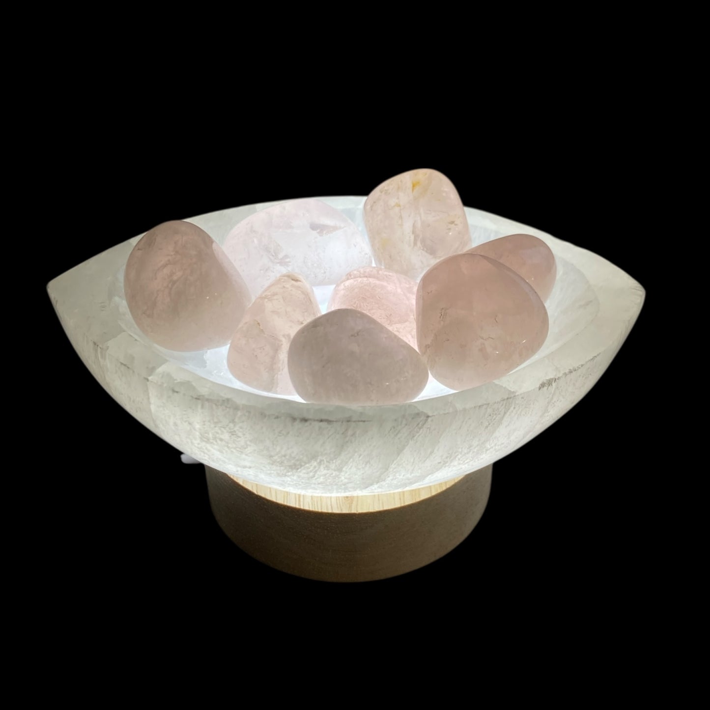 Selenite oval bowl lamp with tumbled rose quartz