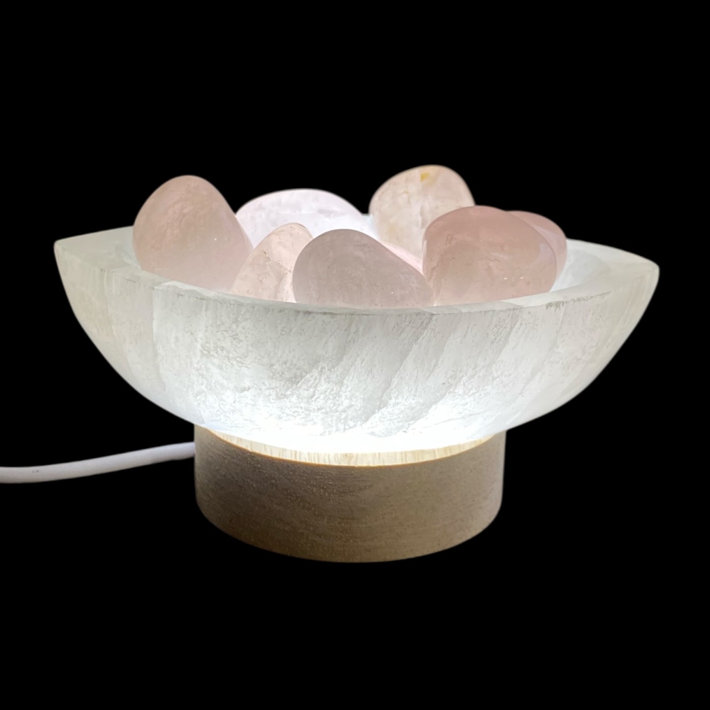 Selenite oval bowl lamp with tumbled rose quartz