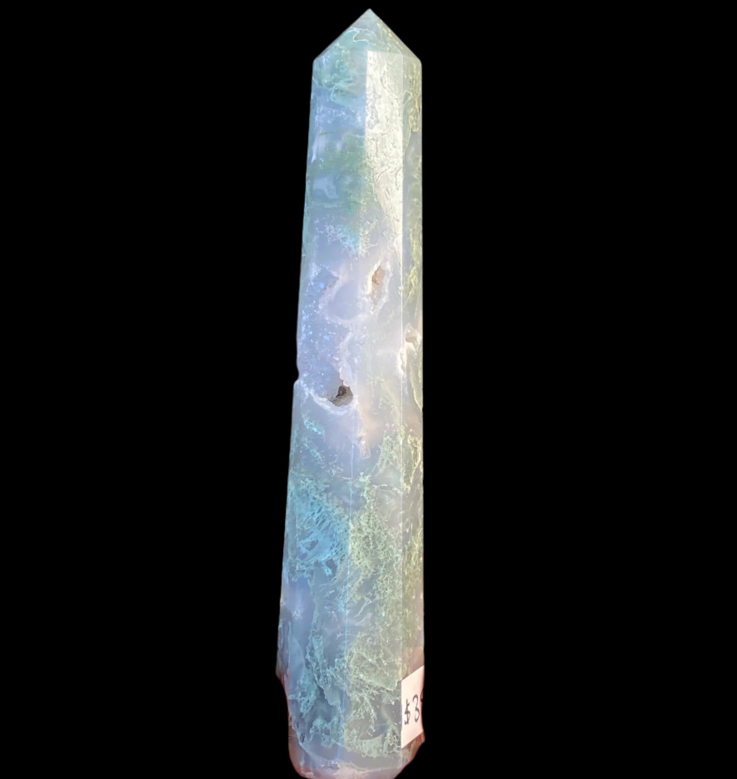 Moss Agate tower with druzy inclusions 13.5cm