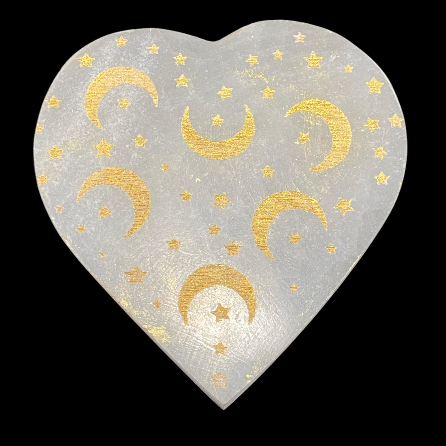 Selenite heart plate with moon design 10cm