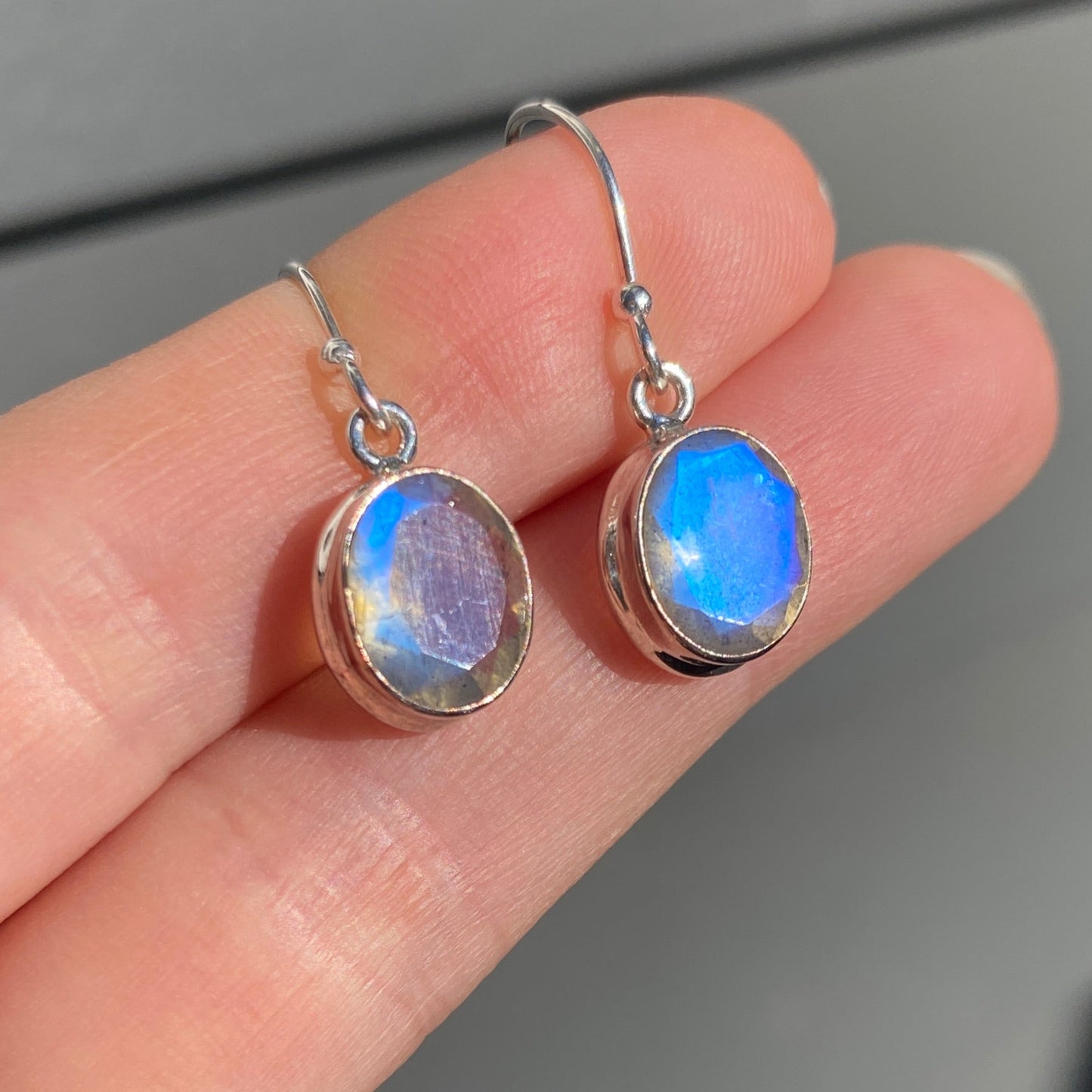 Labradorite sterling silver double bezel faceted earring blue fire