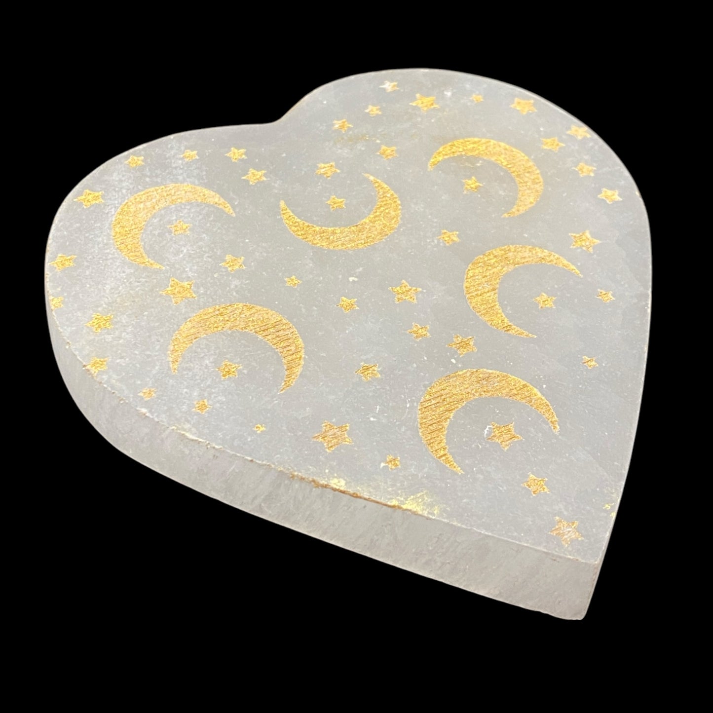Selenite heart plate with moon design 10cm