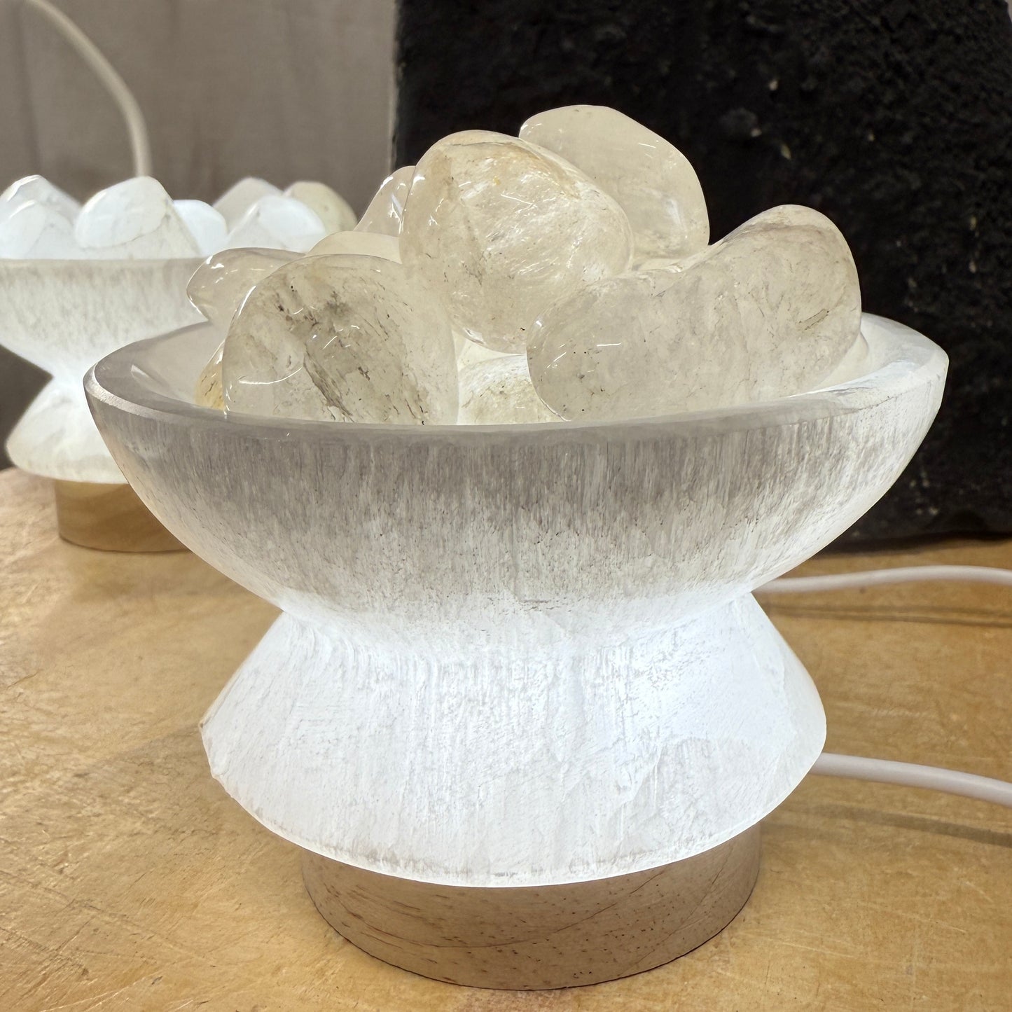 selenite bowl lamp with clear quartz tumbles