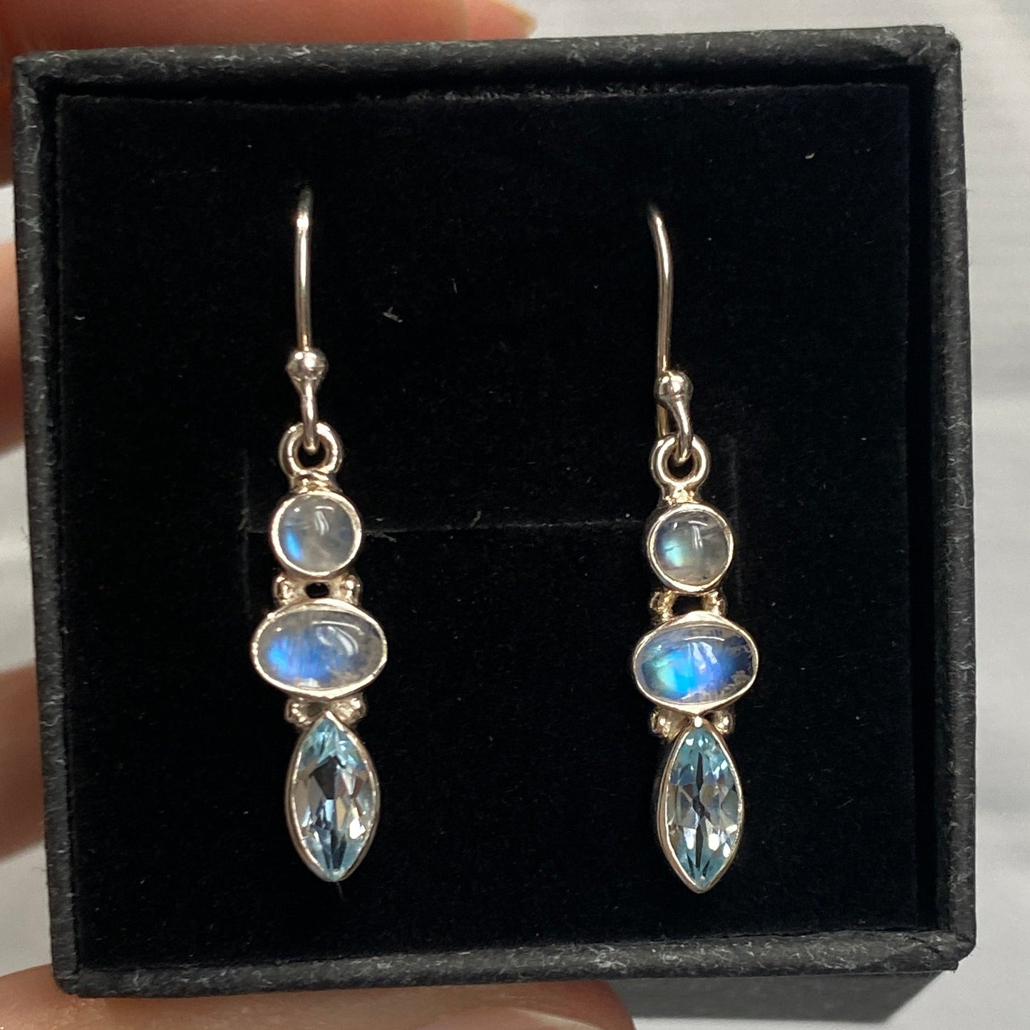 Moonstone and blue topaz sterling silver drop earrings