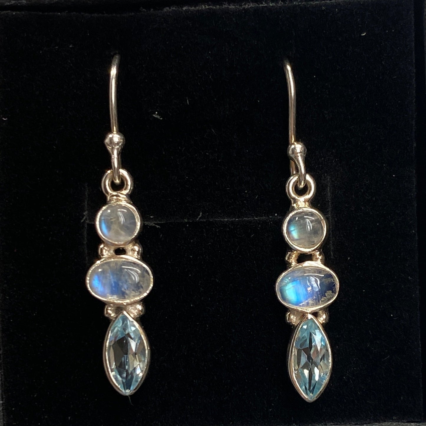 Moonstone and blue topaz sterling silver drop earrings