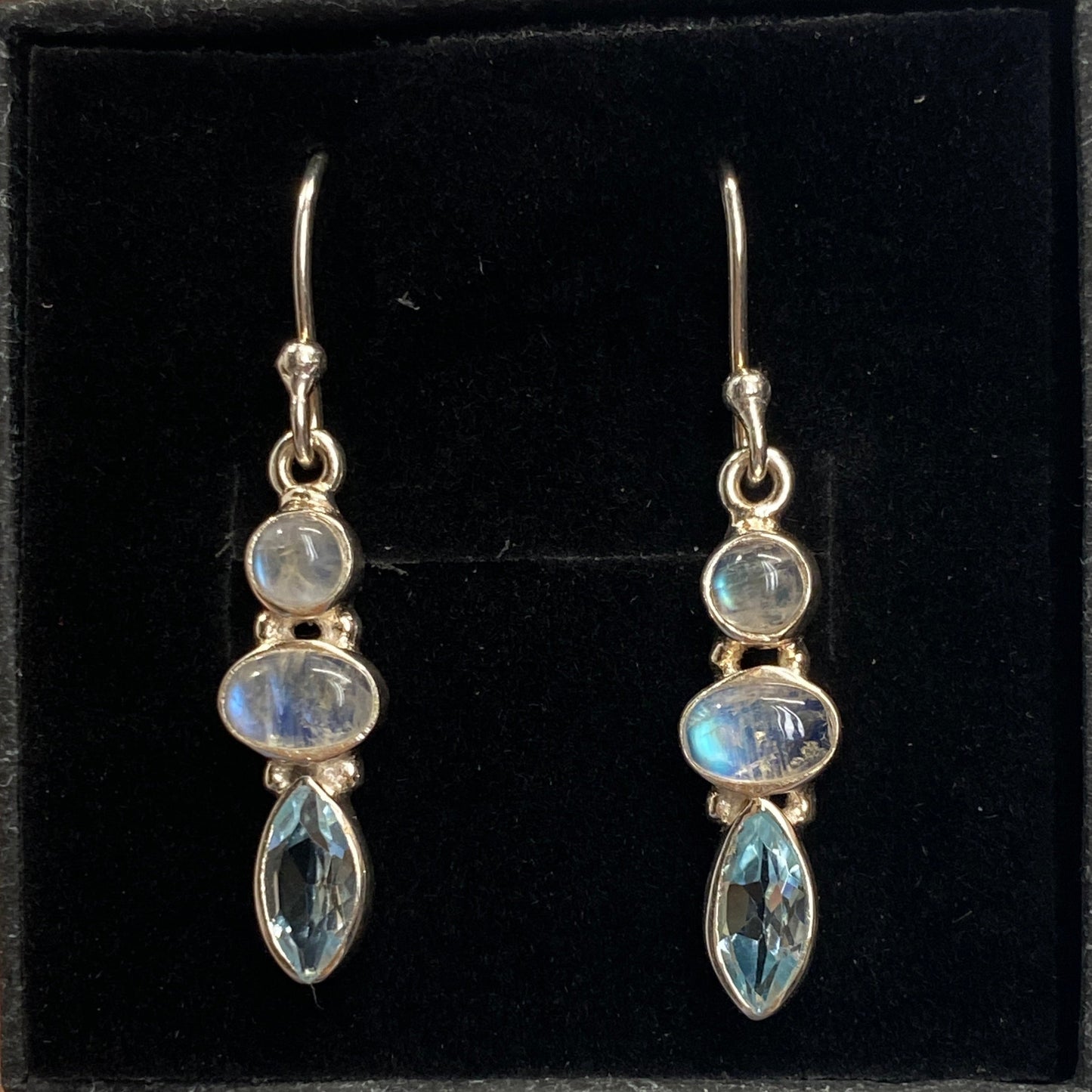 Moonstone and blue topaz sterling silver drop earrings