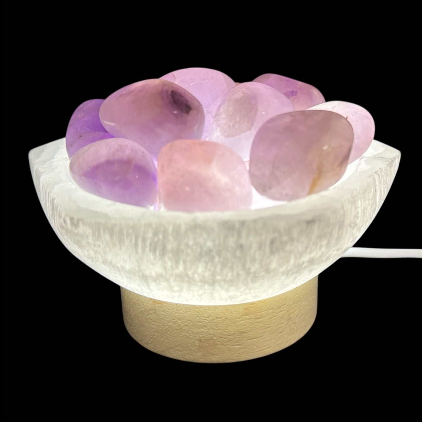 Tumbled amethyst lamp in hexagon selenite bowl white light