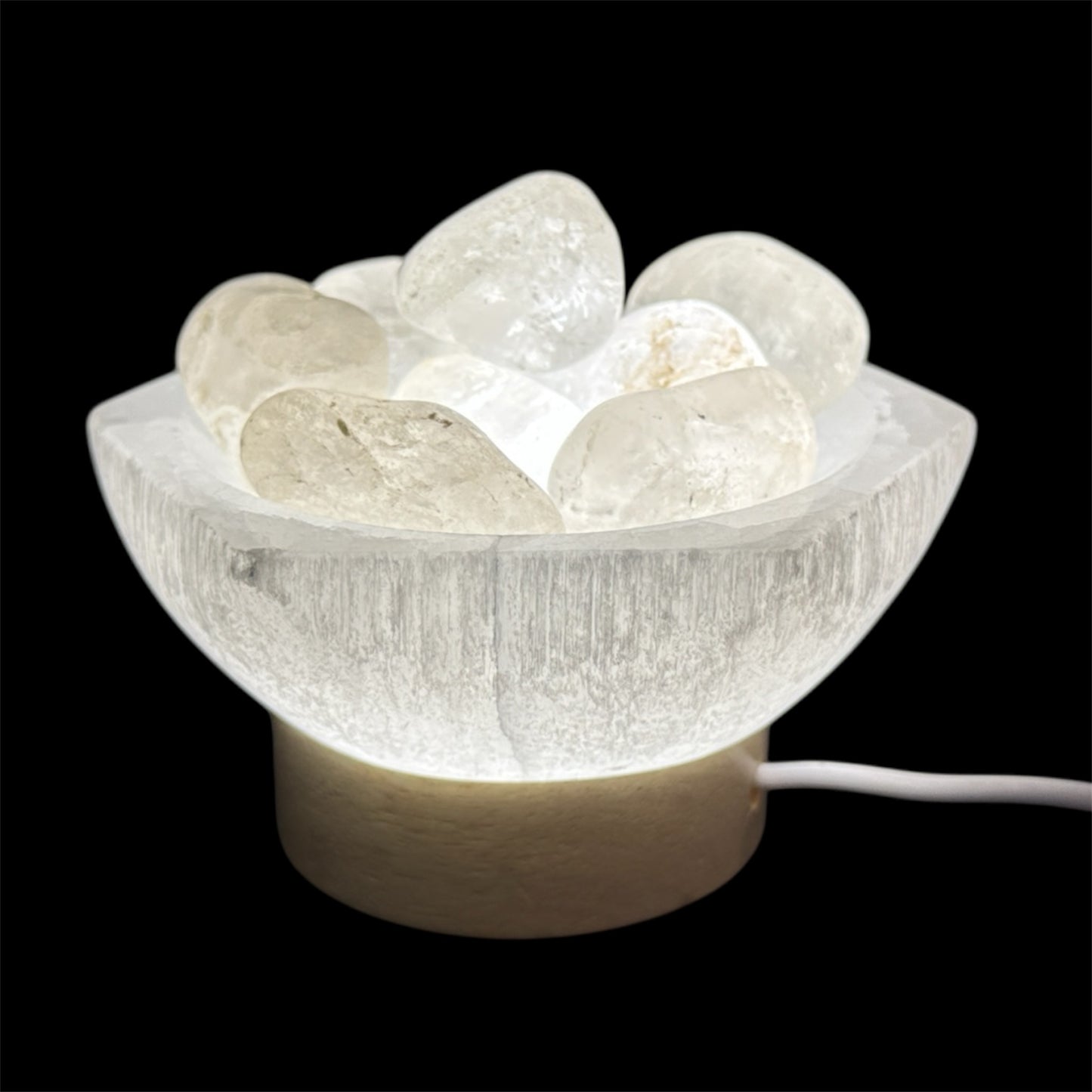 Tumbled clear quartz lamp in hexagon selenite bowl white light