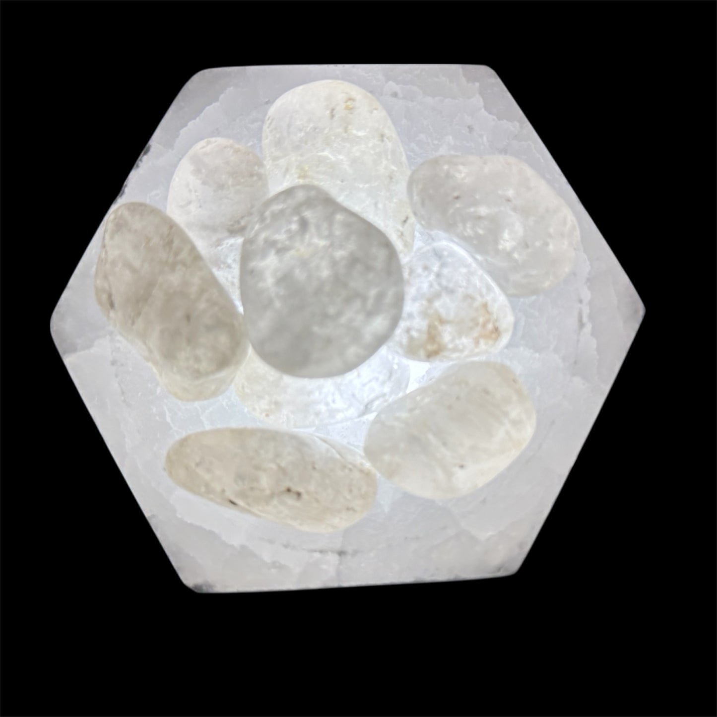 Tumbled clear quartz lamp in hexagon selenite bowl white light
