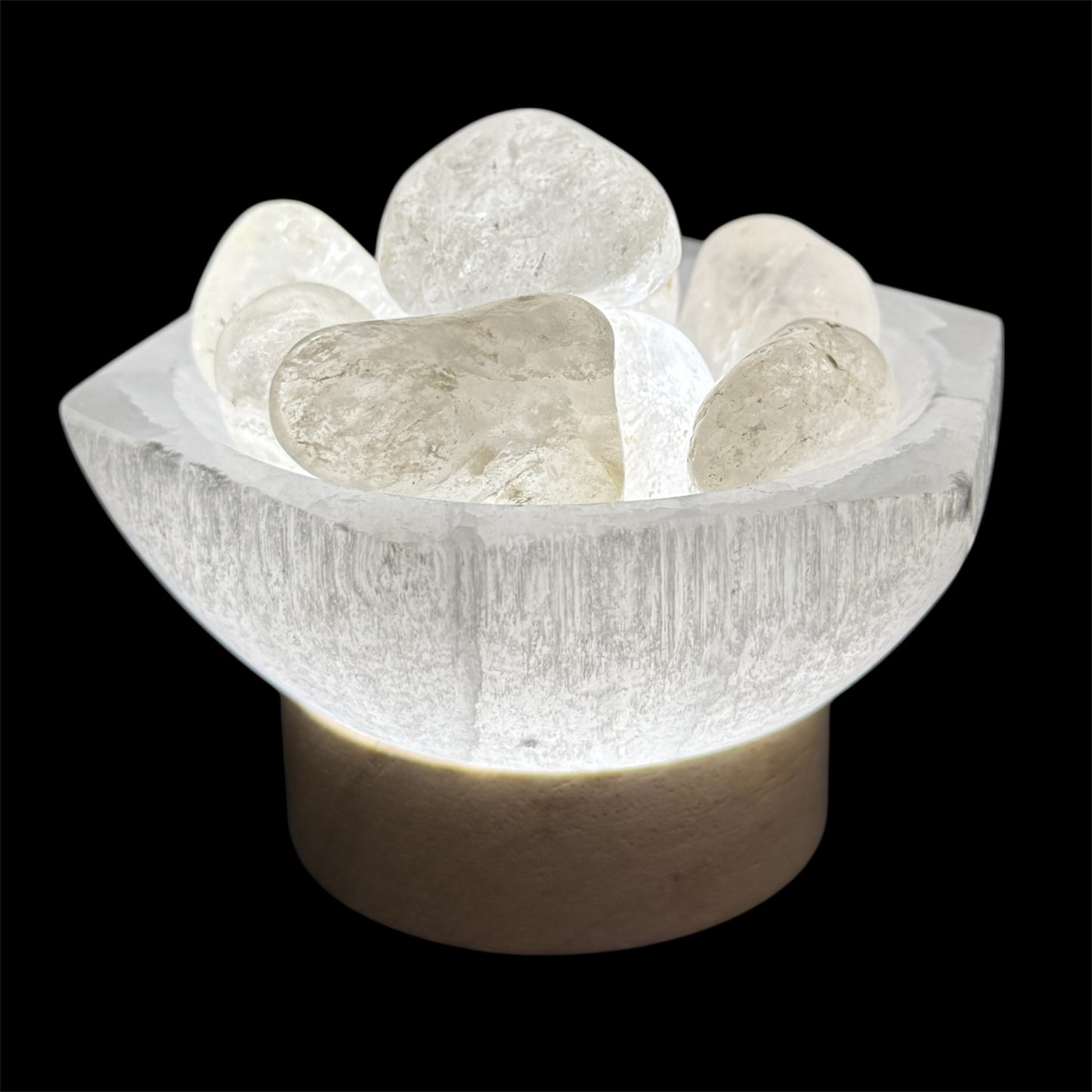 Tumbled clear quartz lamp in hexagon selenite bowl white light