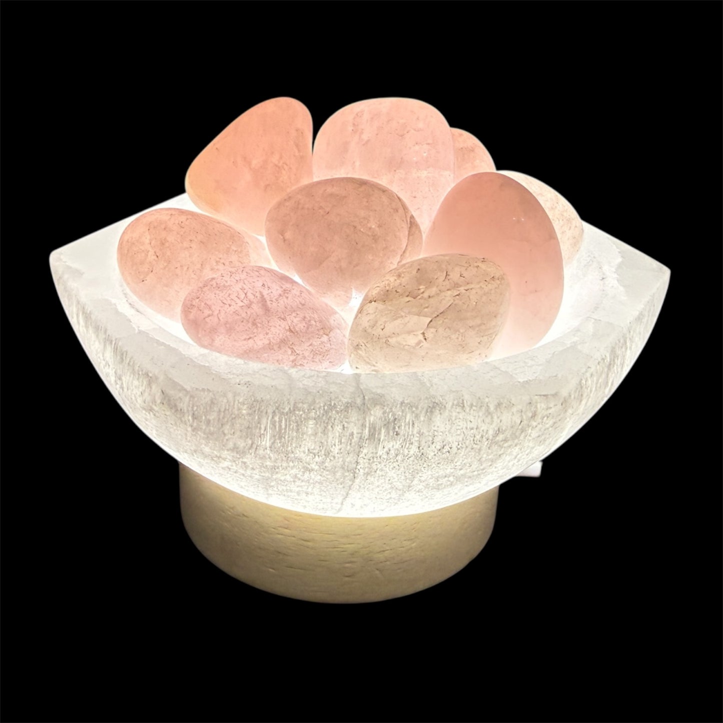 Tumbled Rose quartz lamp in hexagon selenite bowl white light