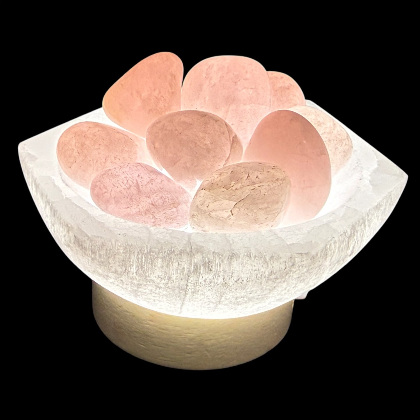 Tumbled Rose quartz lamp in hexagon selenite bowl white light
