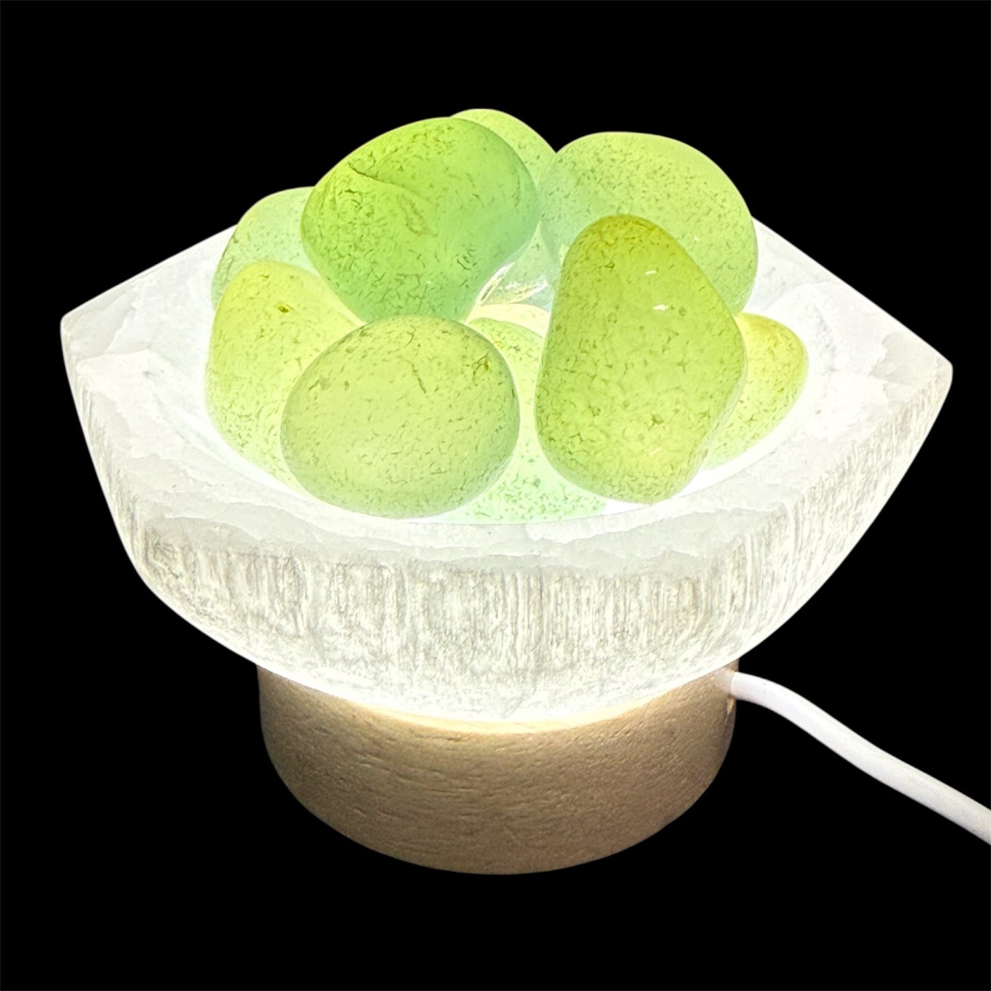 Tumbled Aqua onyx lamp in hexagon selenite bowl white light