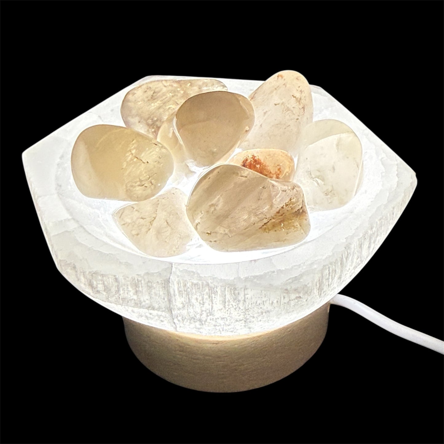 Tumbled Smoky Quartz lamp in hexagon selenite bowl white light