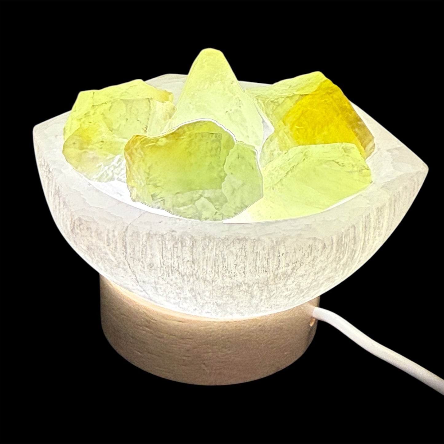 Green calcite chunks lamp in hexagon selenite bowl white light