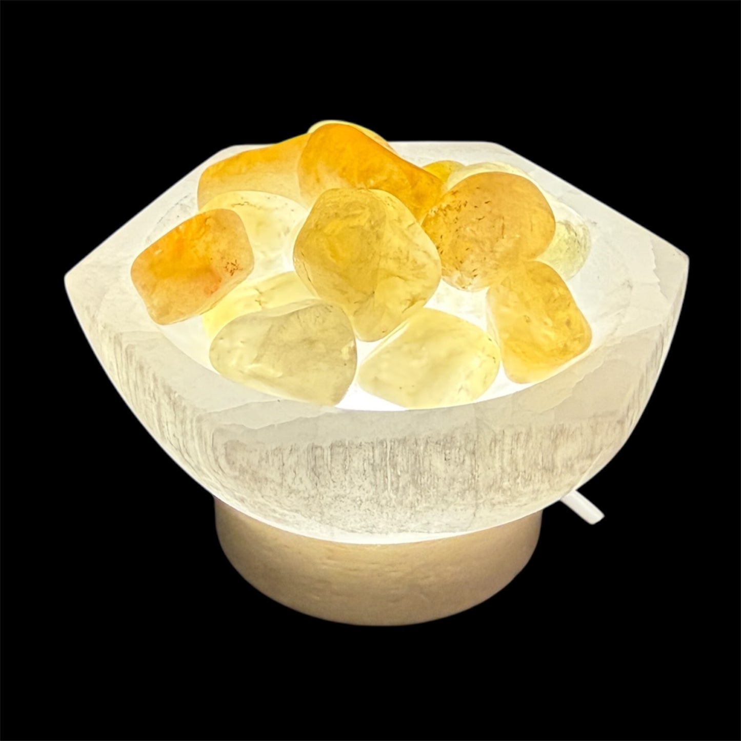 Tumbled Citrine lamp in hexagon selenite bowl white light