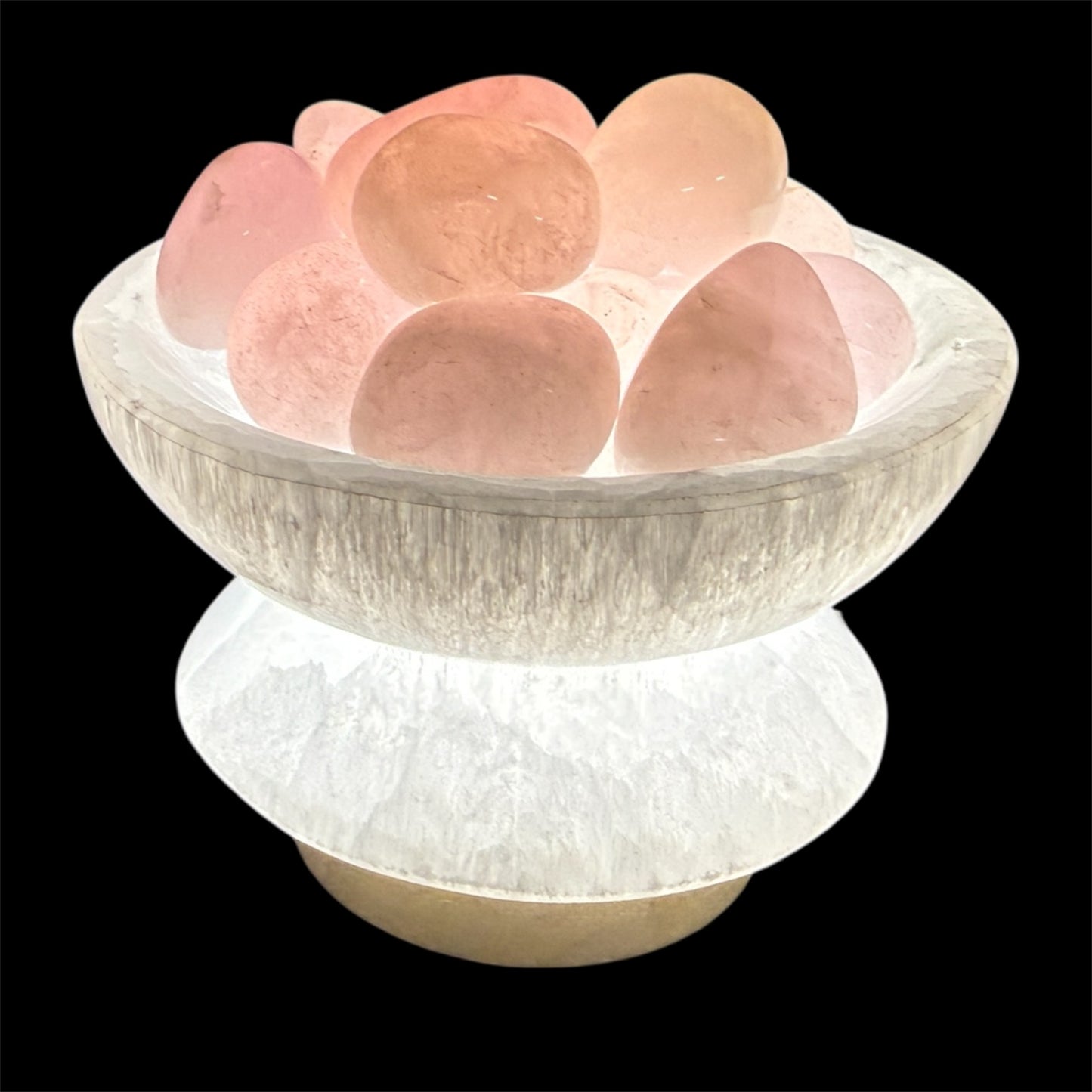 selenite bowl lamp with rose quartz