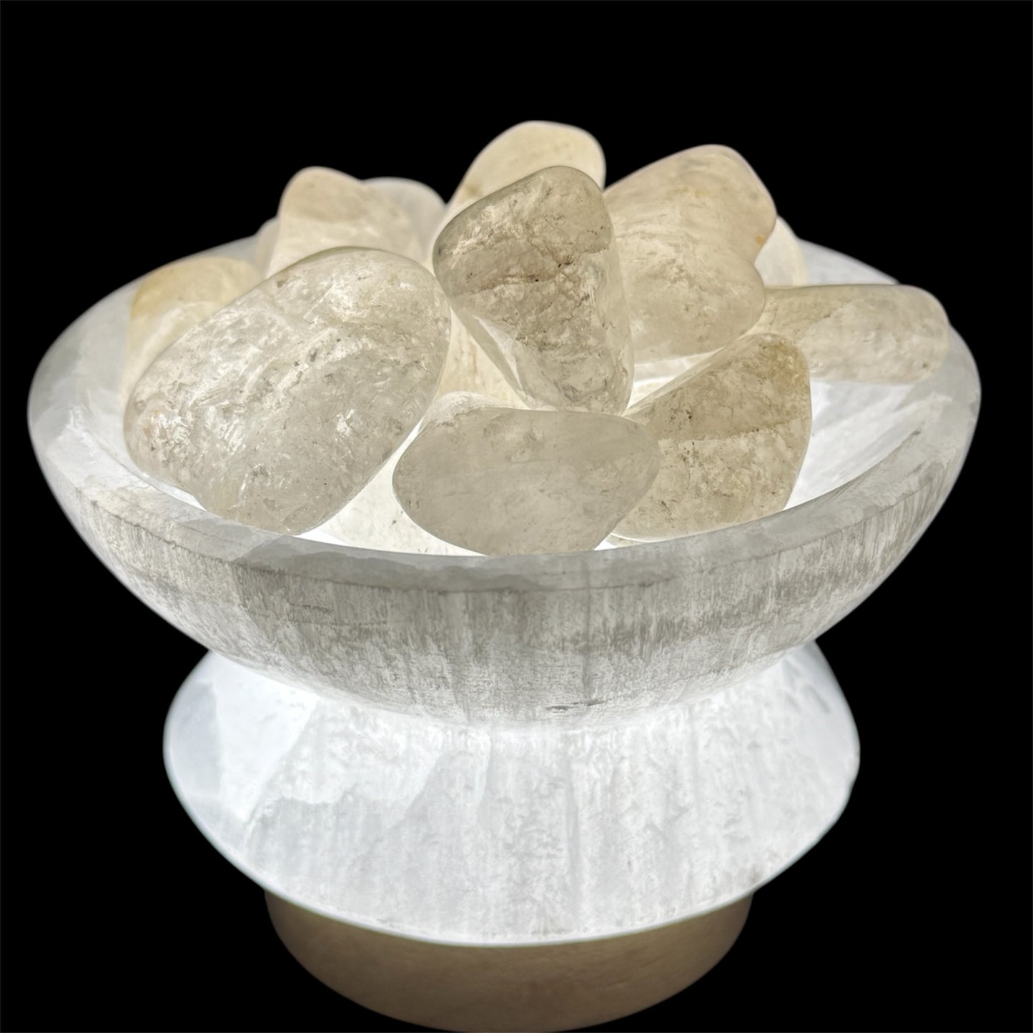selenite bowl lamp with clear quartz tumbles