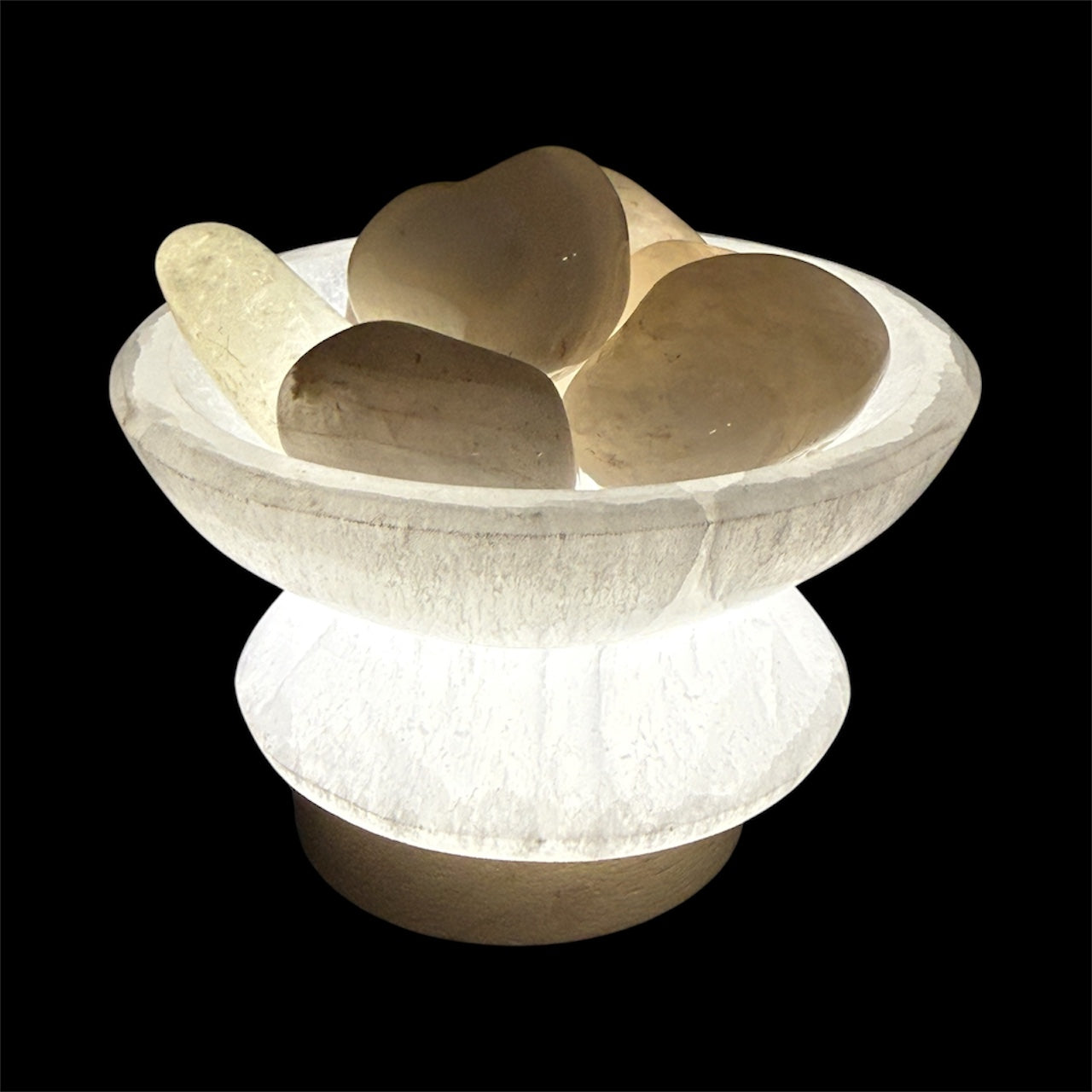 selenite bowl lamp with large smoky quartz tumbles