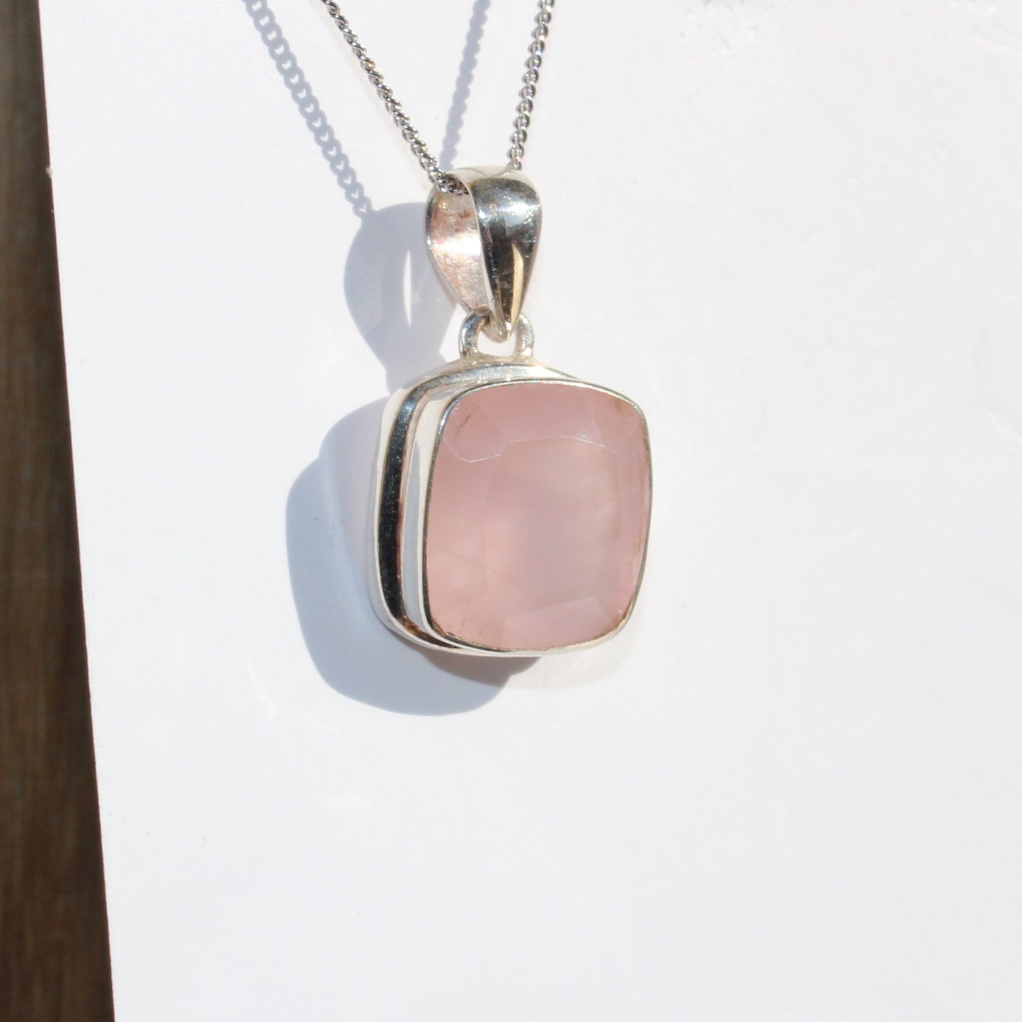 Rose quartz pendant sterling silver square faceted silver
