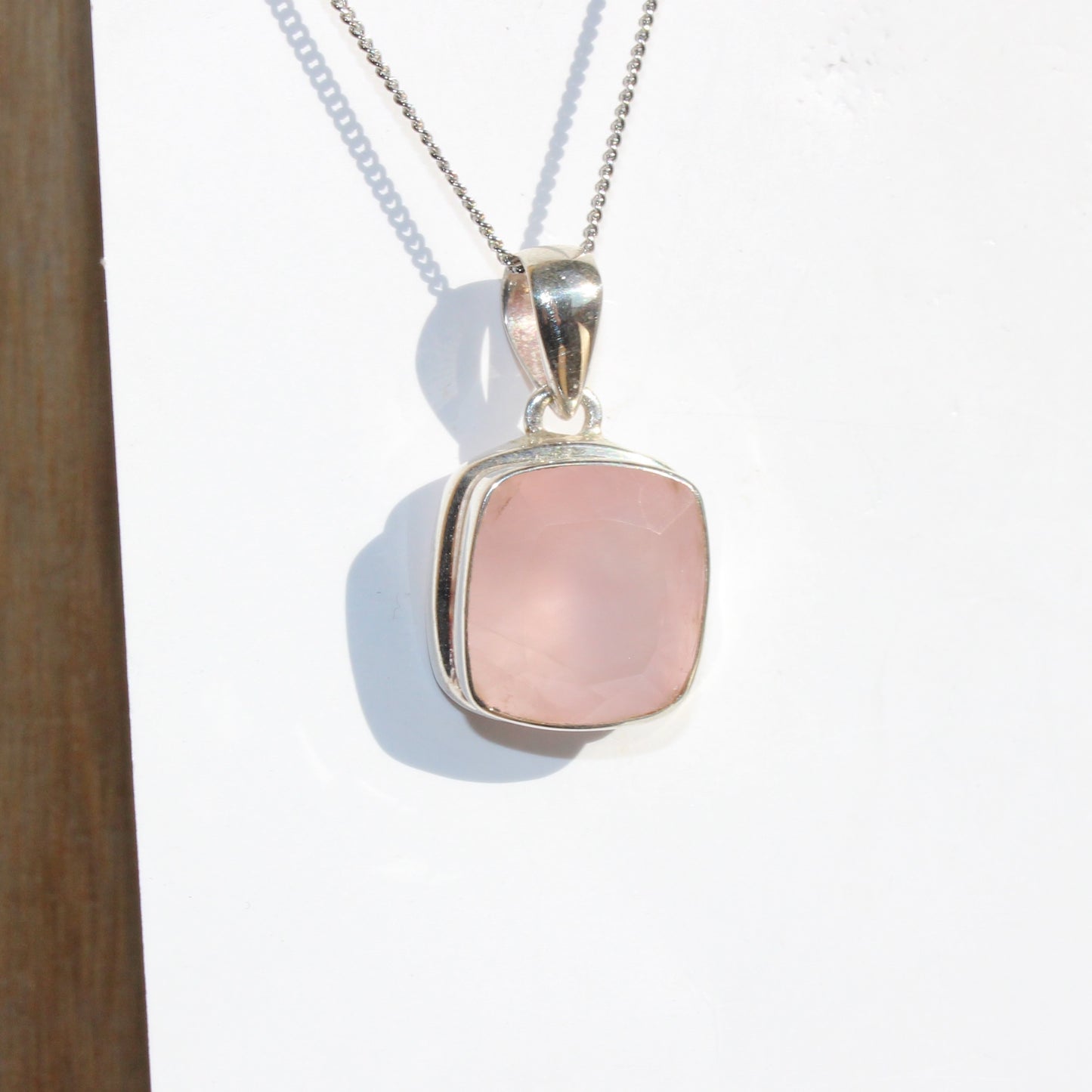 Rose quartz pendant sterling silver square faceted silver