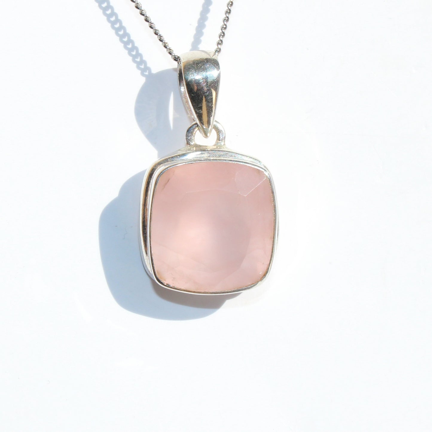 Rose quartz pendant sterling silver square faceted silver