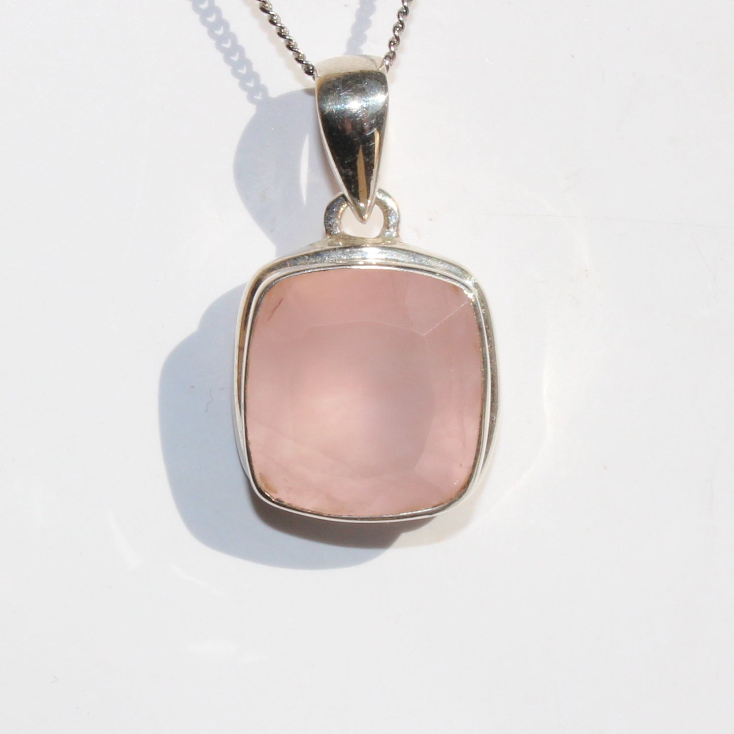 Rose quartz pendant sterling silver square faceted silver