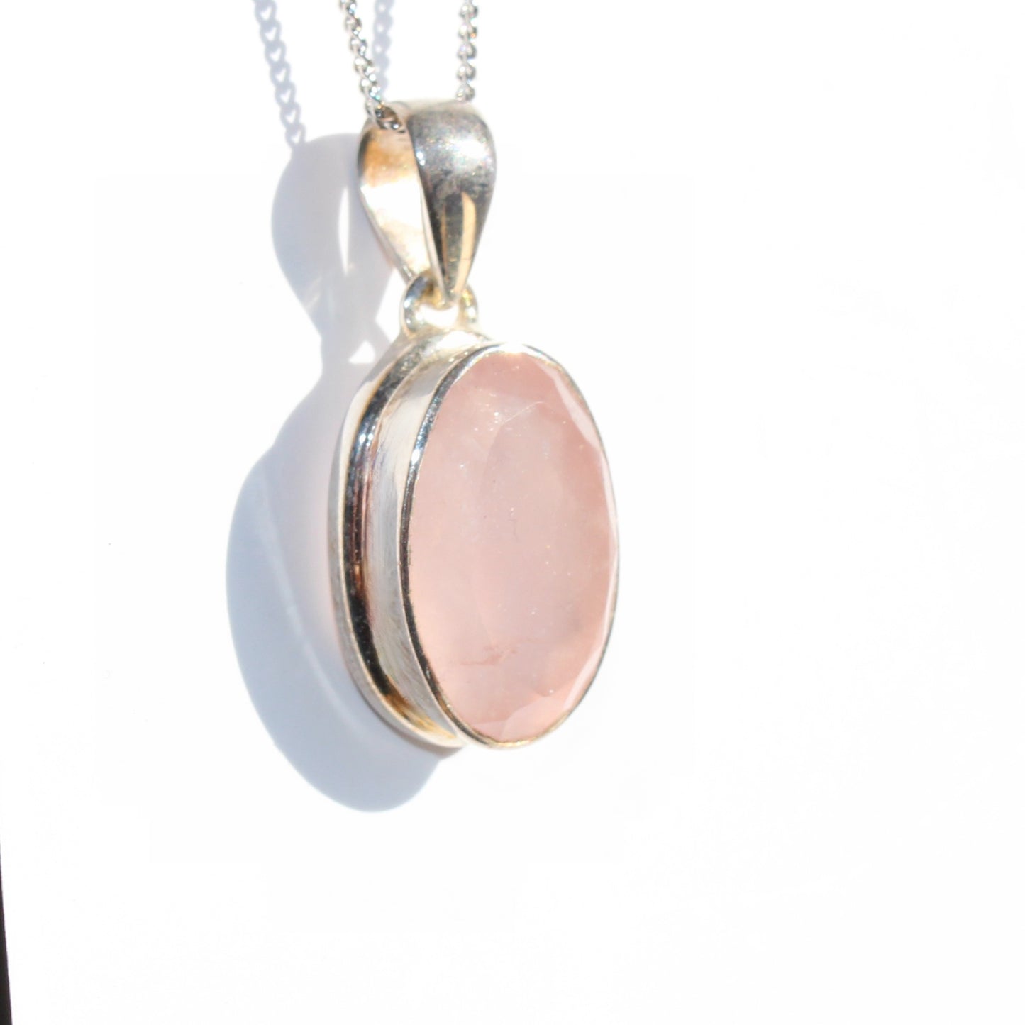 Rose quartz pendant sterling silver oval faceted silver