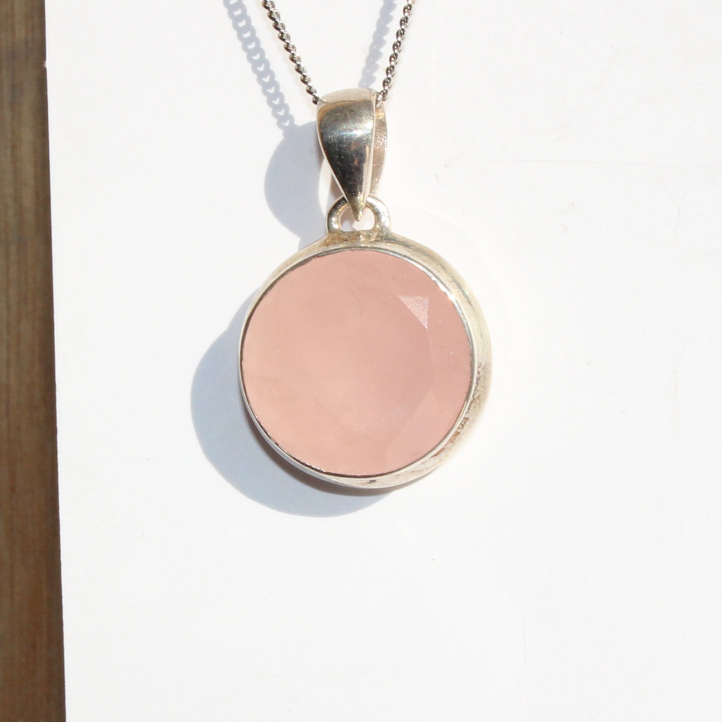Rose quartz pendant sterling silver round faceted silver