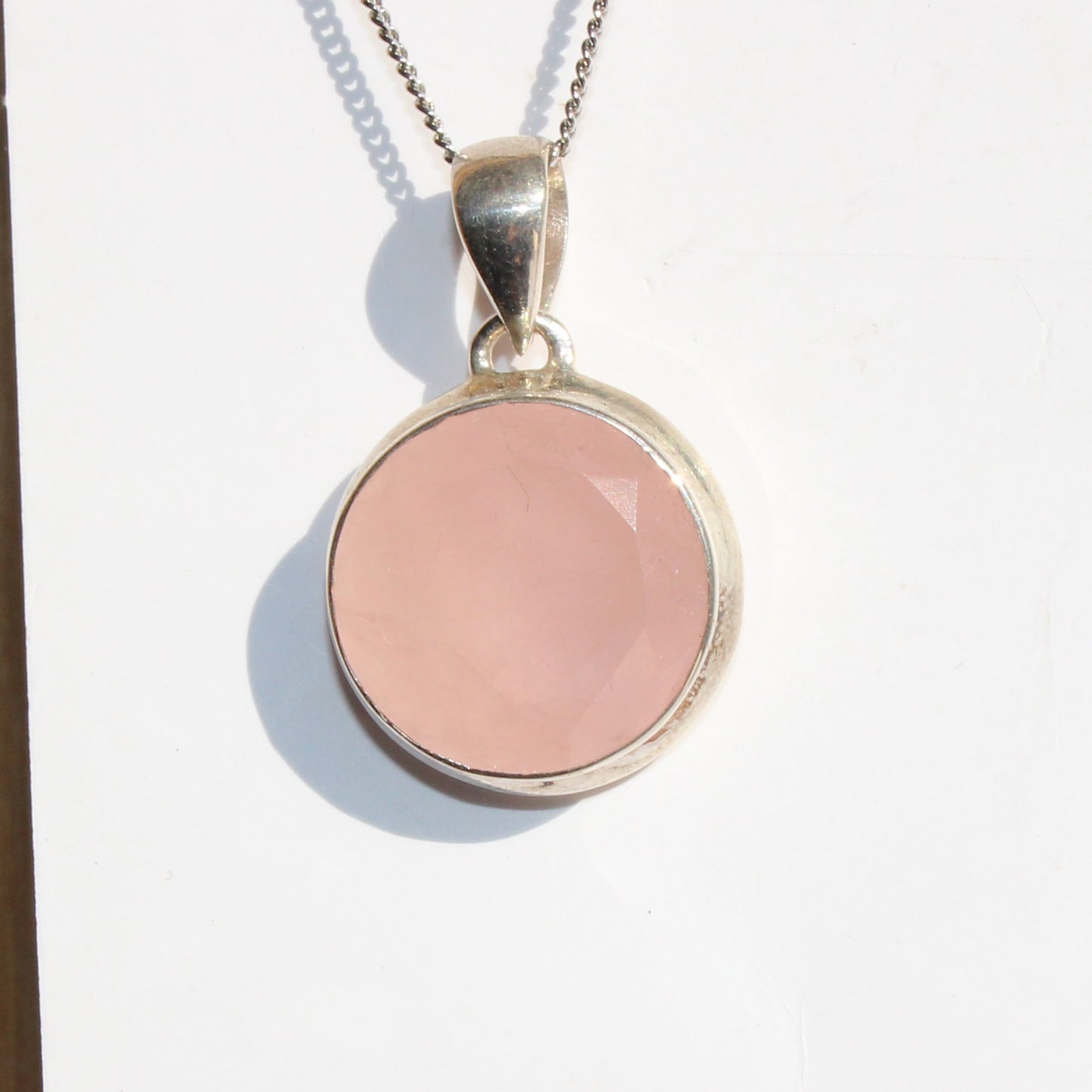 Rose quartz pendant sterling silver round faceted silver