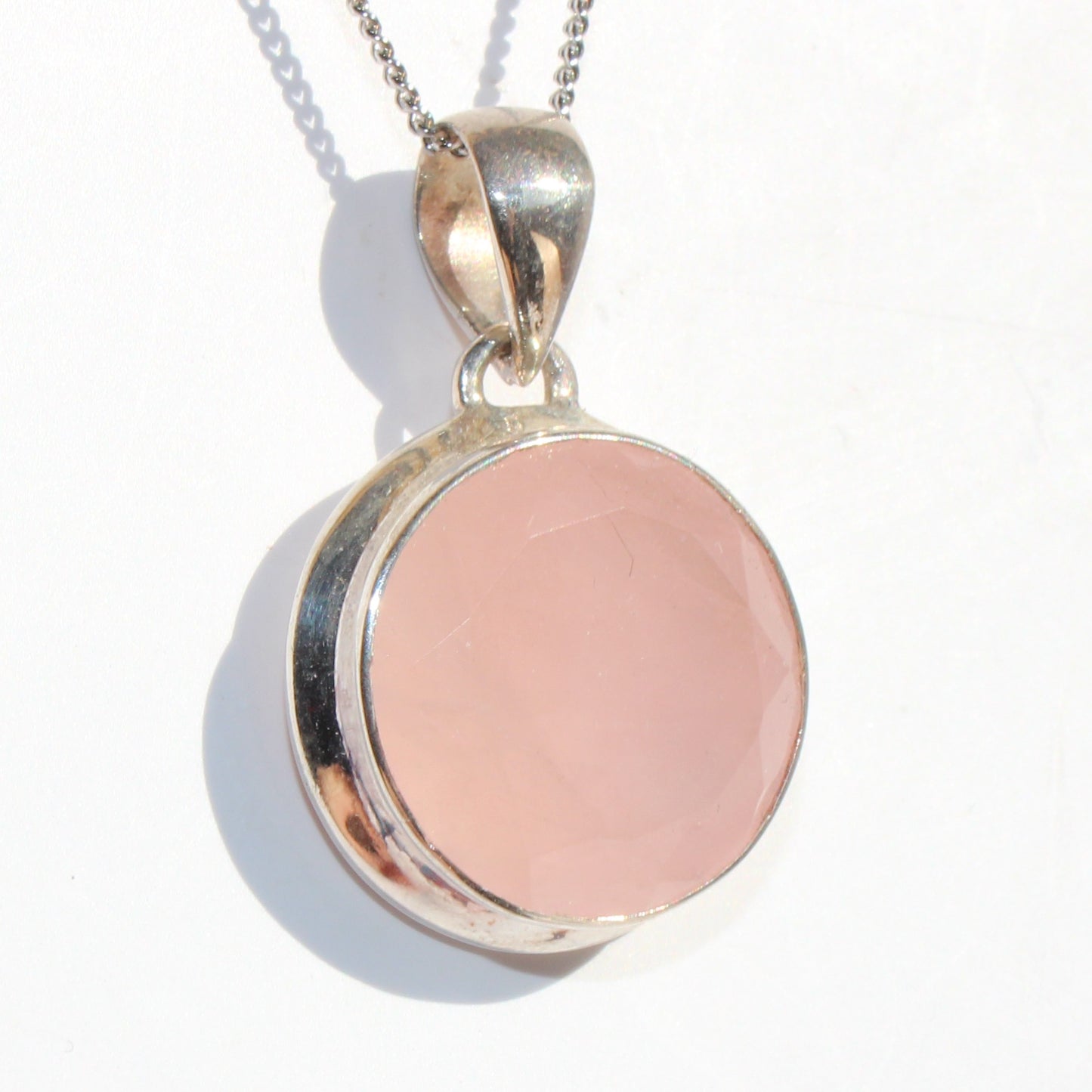 Rose quartz pendant sterling silver round faceted silver