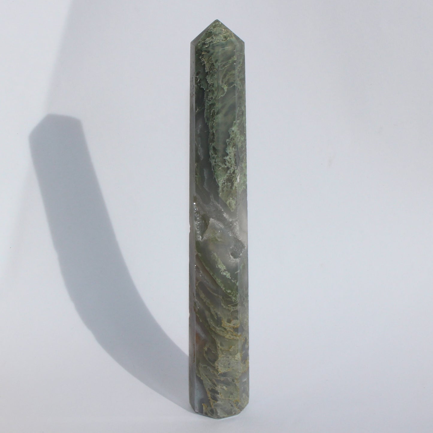Moss agate tower with druzy inclusions