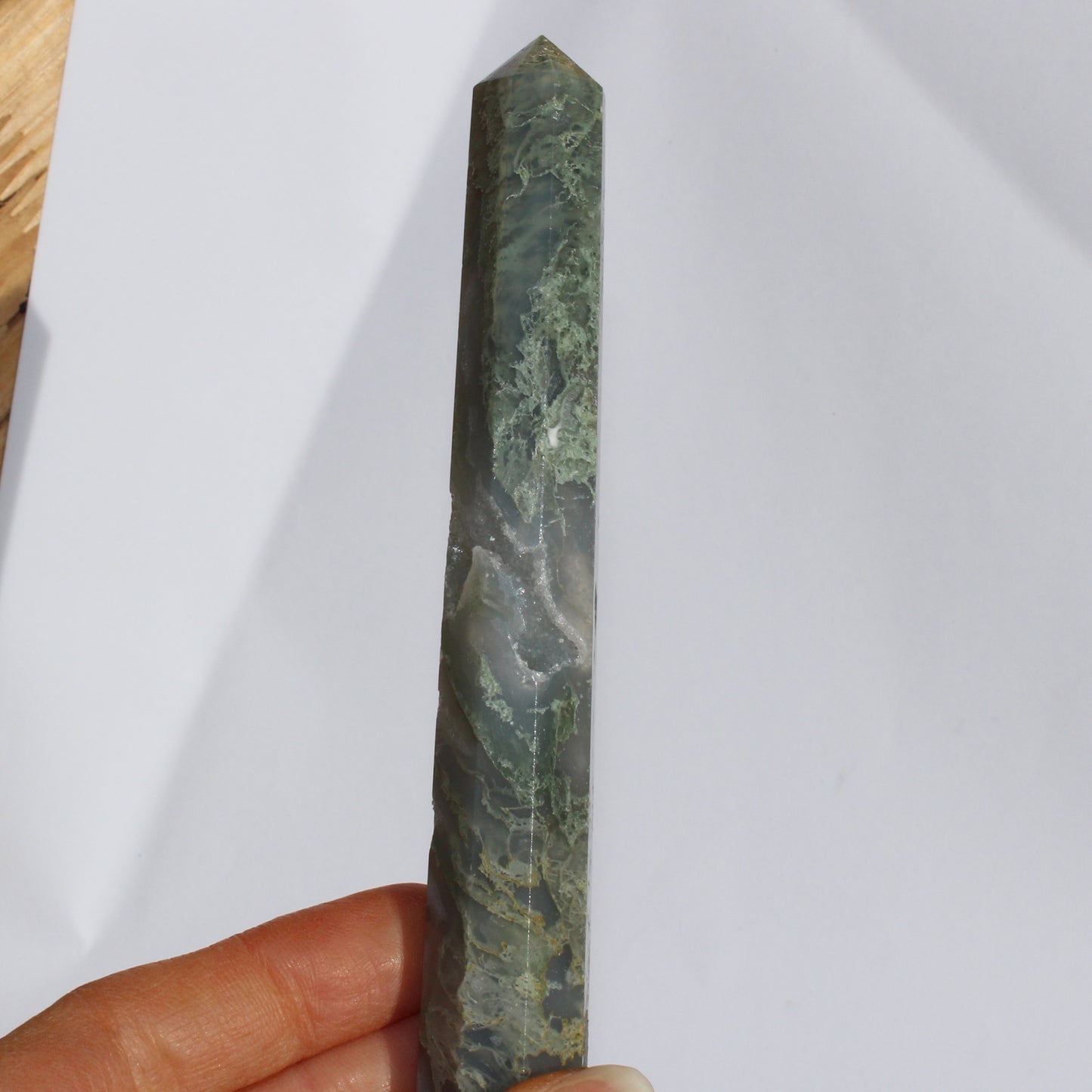 Moss agate tower with druzy inclusions