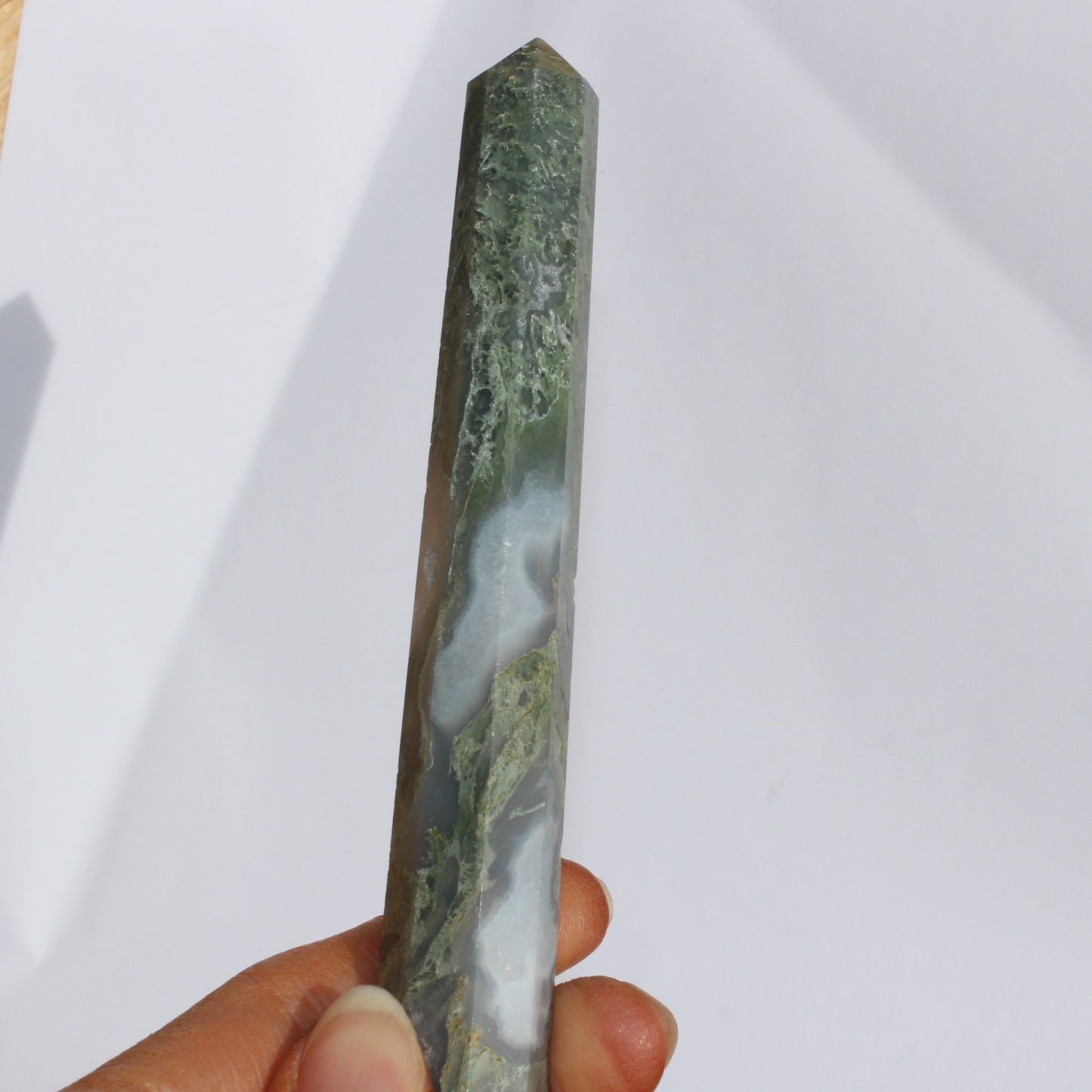 Moss agate tower with druzy inclusions