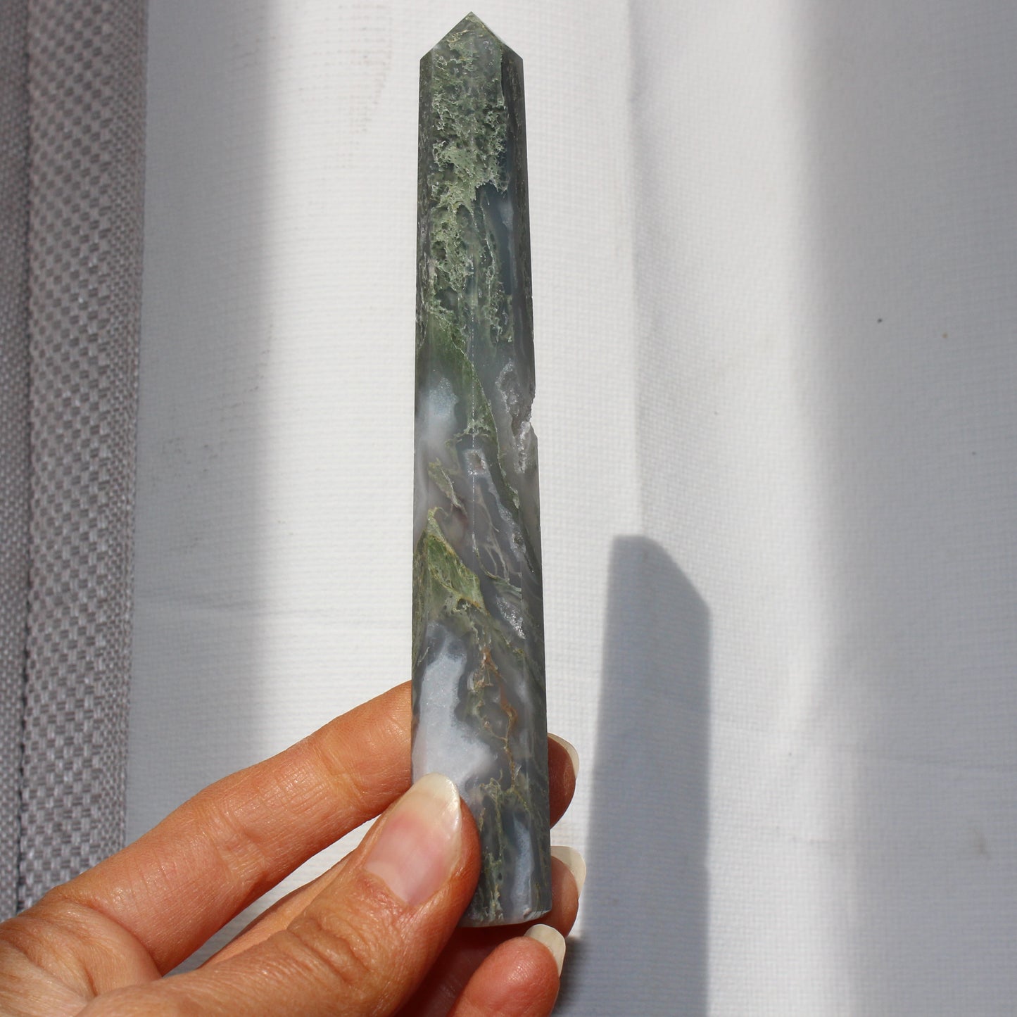 Moss agate tower with druzy inclusions