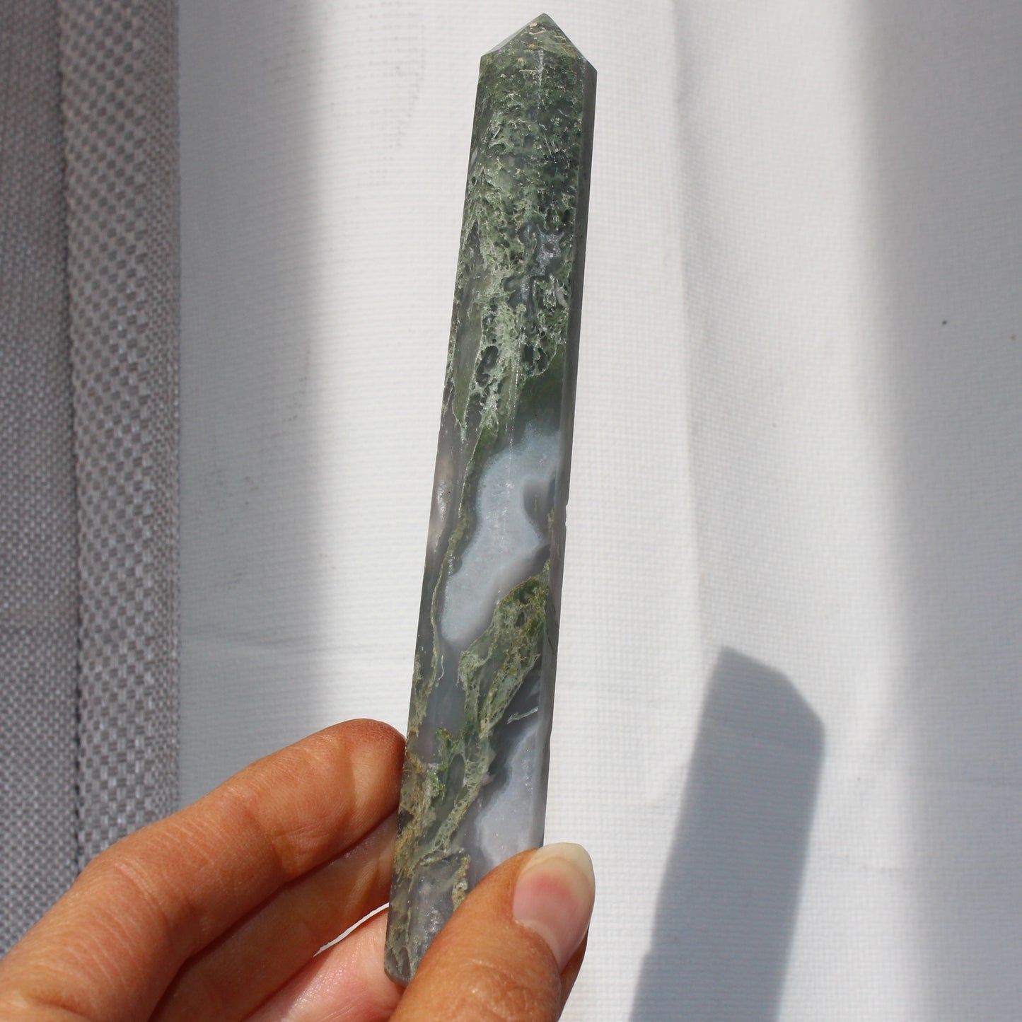 Moss agate tower with druzy inclusions