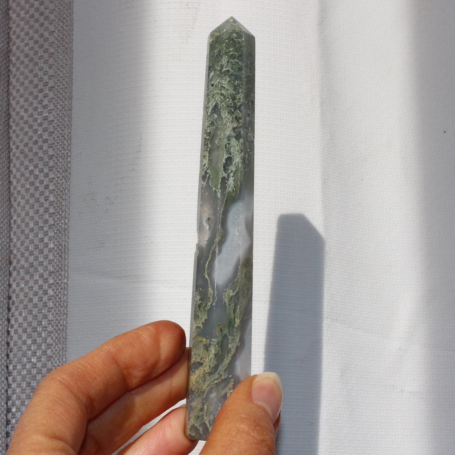 Moss agate tower with druzy inclusions
