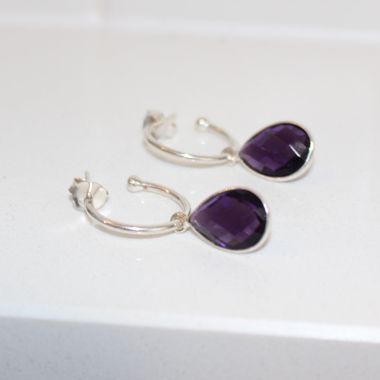 Amethyst drop on a silver hoop earrings