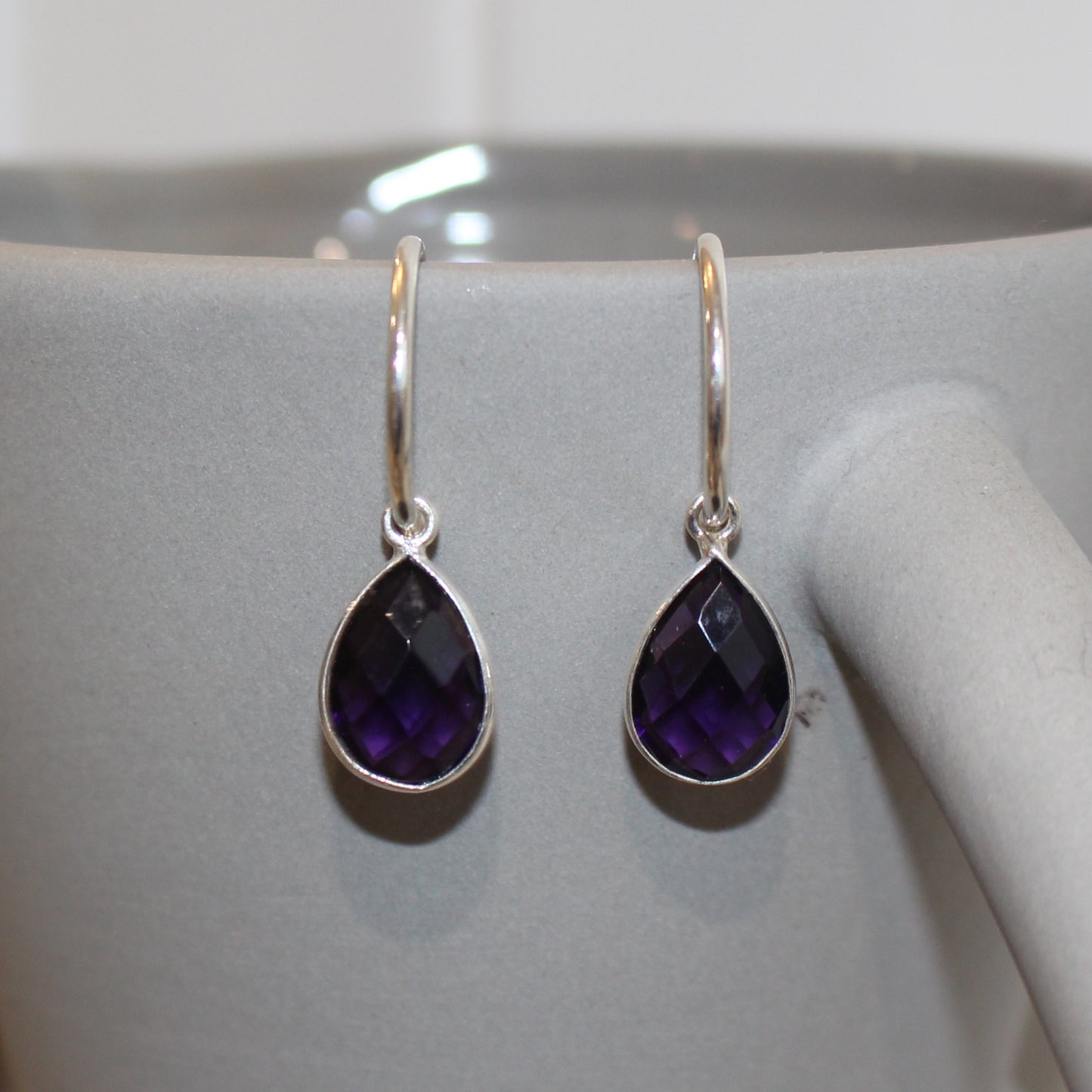 Amethyst drop on a silver hoop earrings