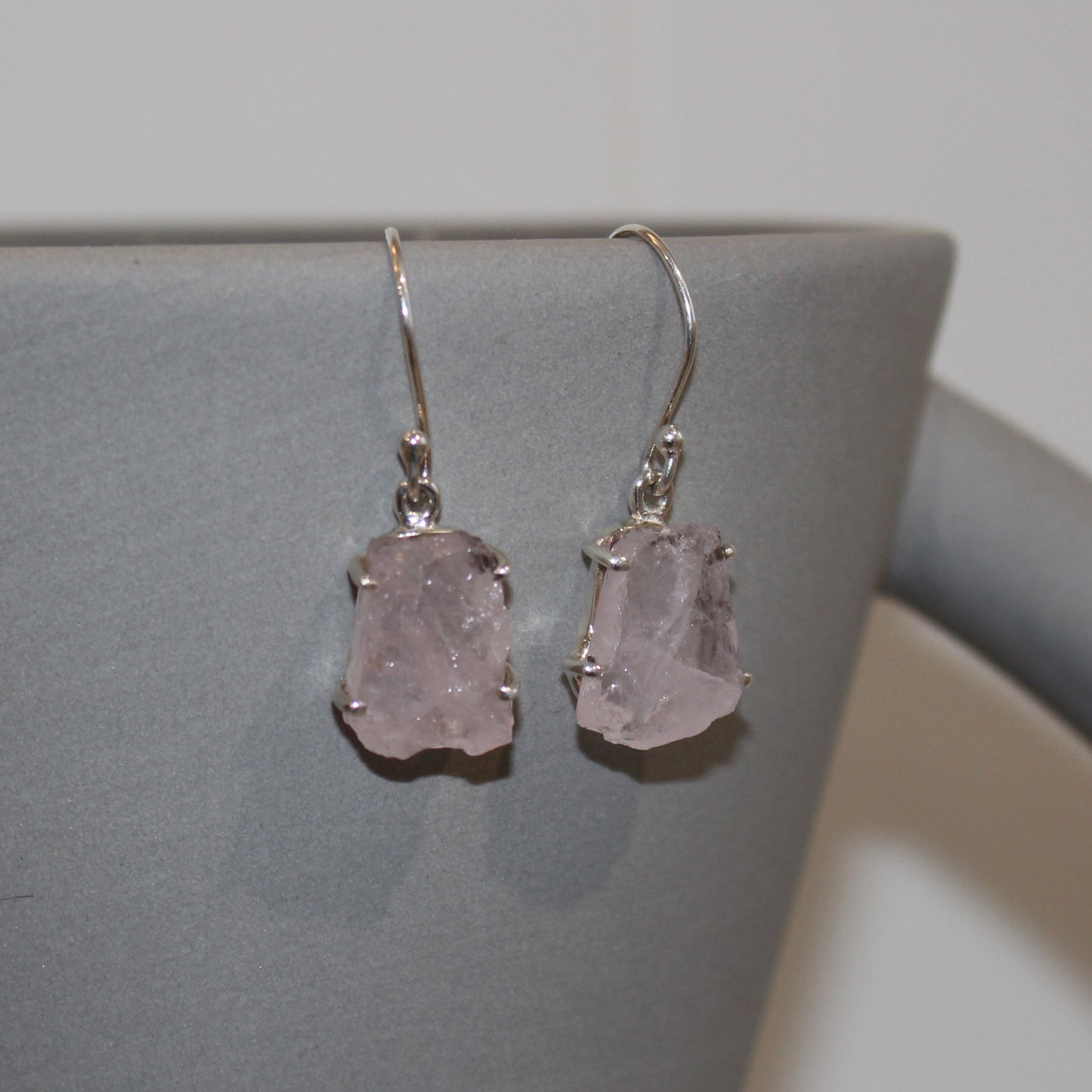 Rose quartz rough cut sterling silver earrings